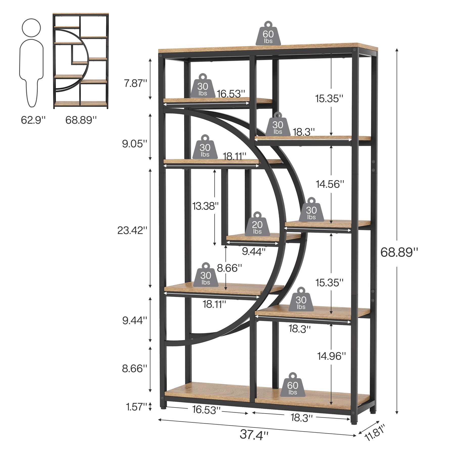 37.4 Inch 5-Tier Industrial Bookshelf for Living Room, Bedroom, Home Office