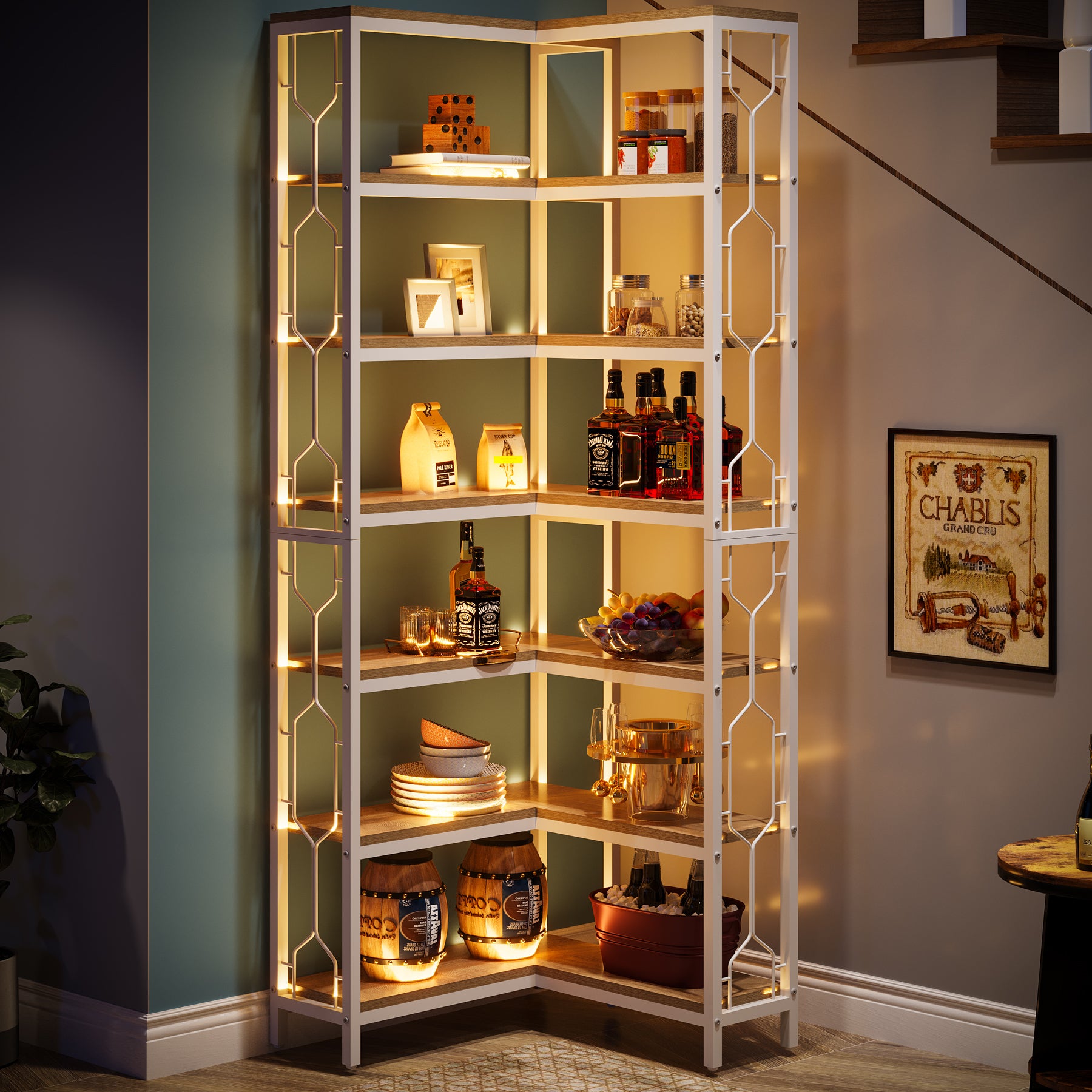 78.7-Inch 7-Tier Corner Bookcase with Hexagon-Pattern Side Panels, Tall Display Unit for Living Room