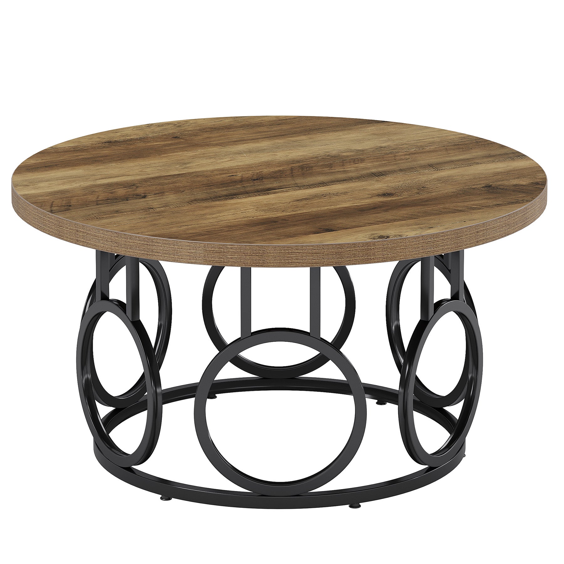 31.5-Inch Round Coffee Table, Rustic Wood Grain and Metal Base with Industrial Design