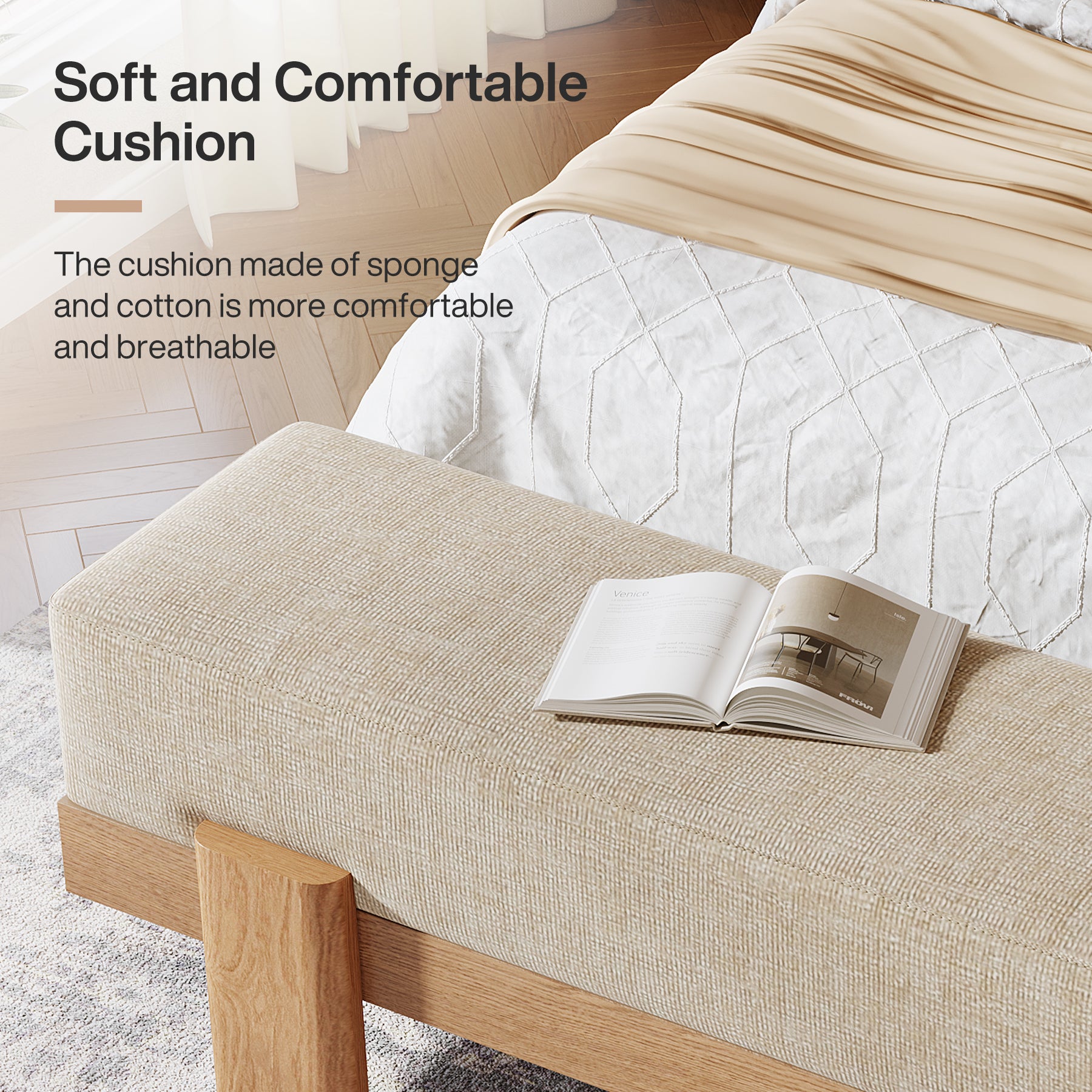 55-Inch Upholstered Entryway Bench, Modern Shoe Bench with Thick Cushion