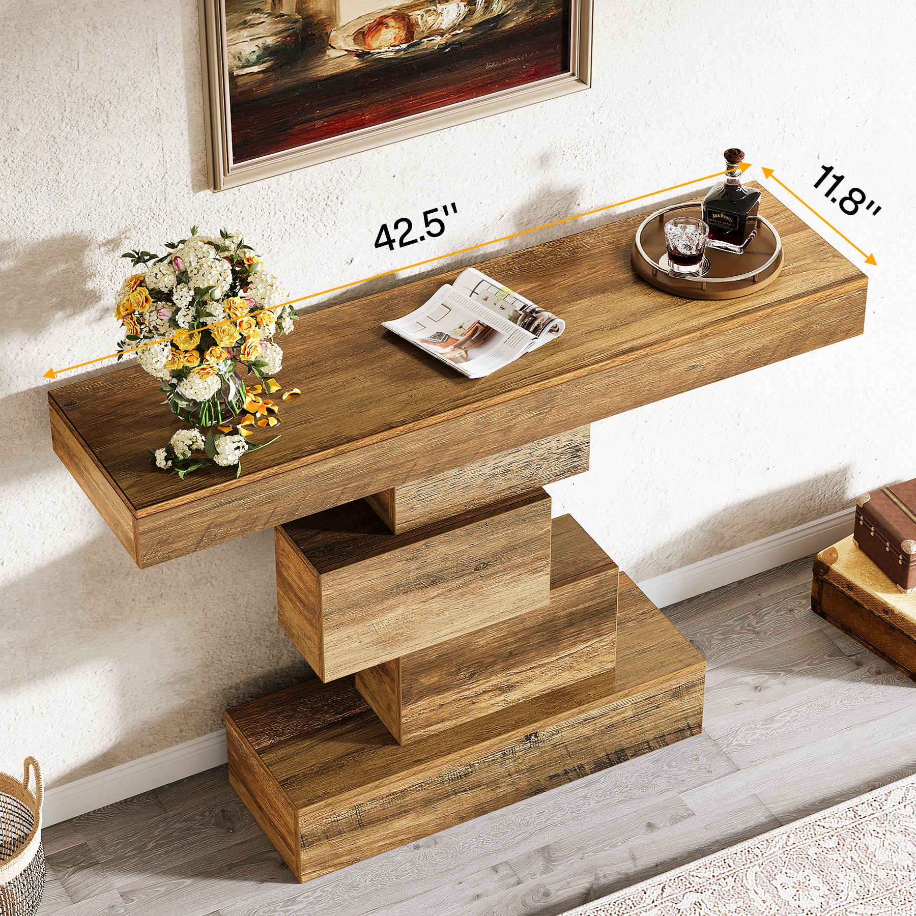 42" Console Table, Wood Sofa Table Accent Table with Geometric Base