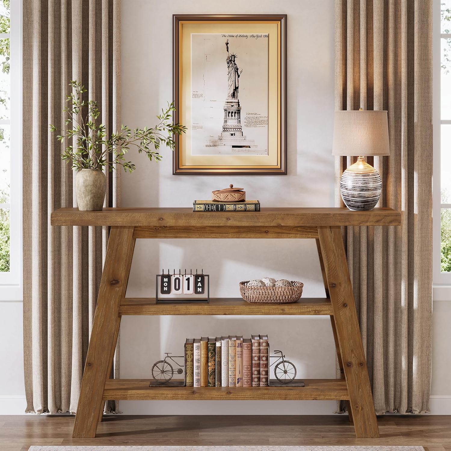 47.24" Solid Wood Farmhouse Console Table, 3-Tier Shelf Entryway Table for Hallway & Living Room