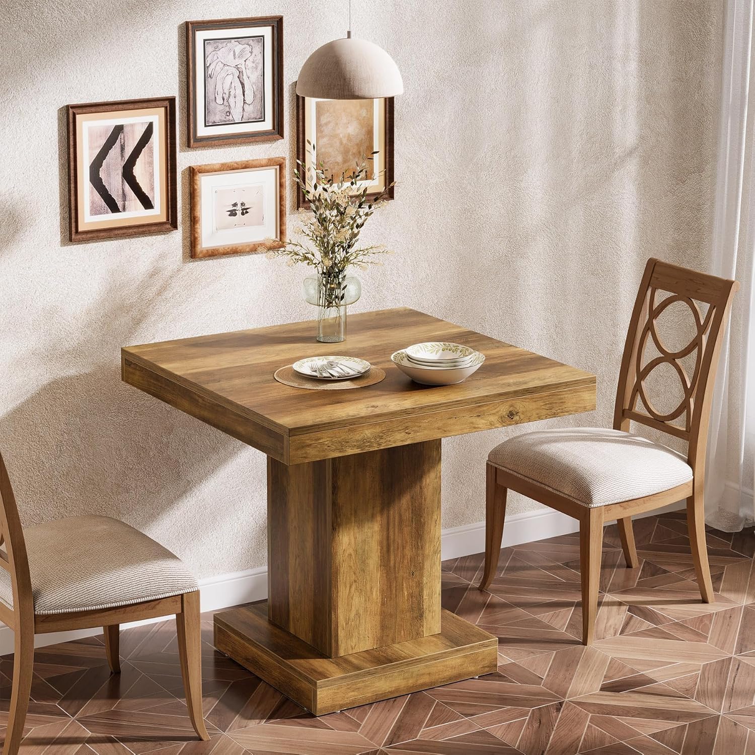 31.5-Inch Square Dining Table for 4, Farmhouse Wooden Kitchen Table with Pedestal Base