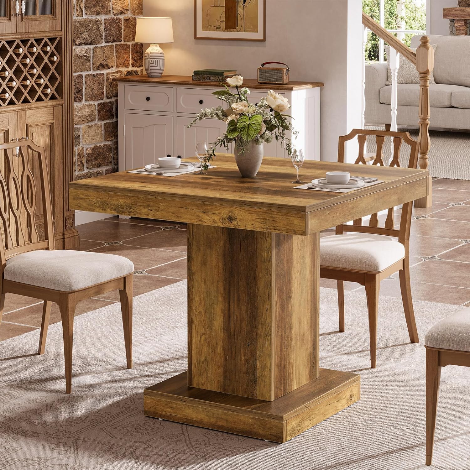31.5-Inch Square Dining Table for 4, Farmhouse Wooden Kitchen Table with Pedestal Base