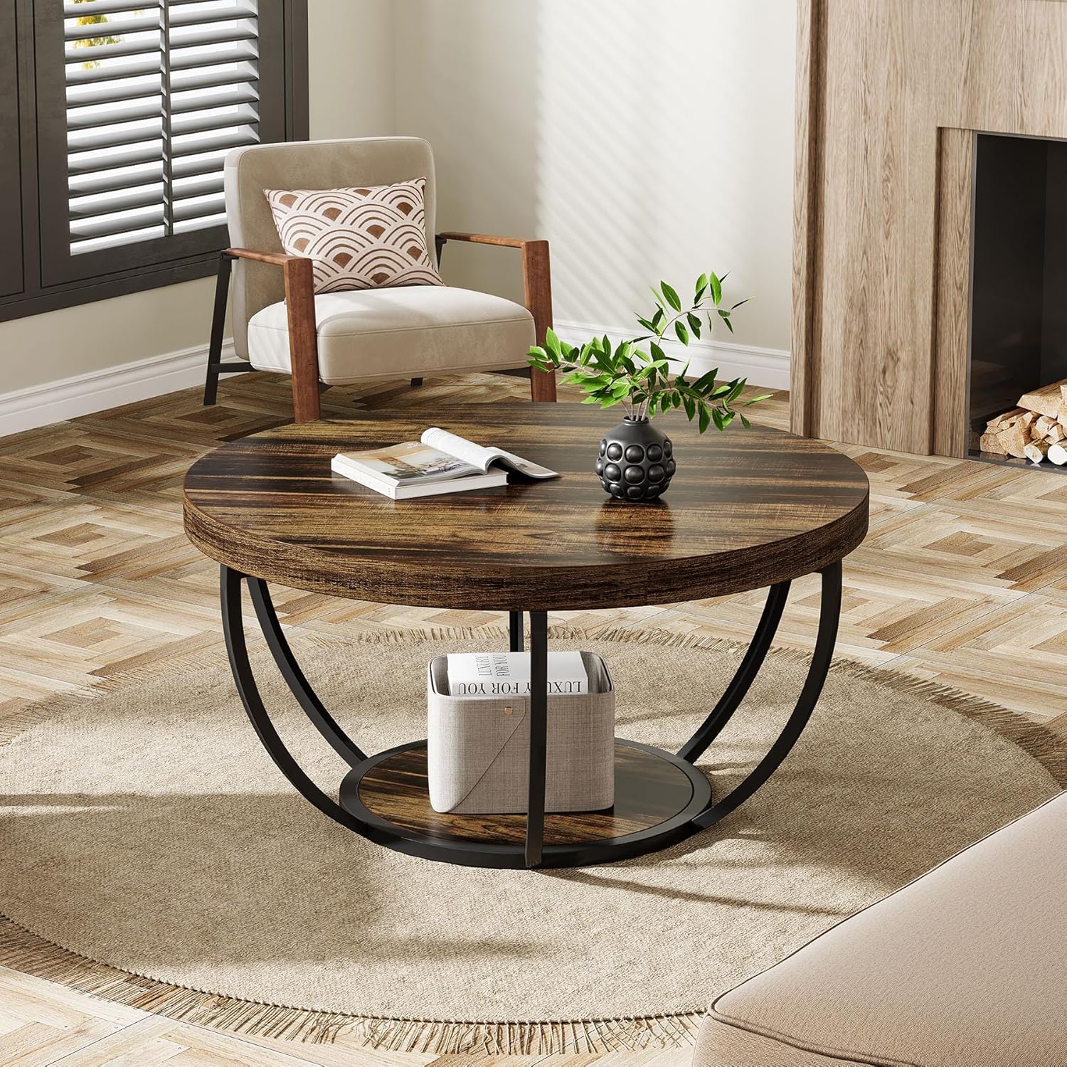 Round Wooden Coffee Table with 2-Tier Shelves