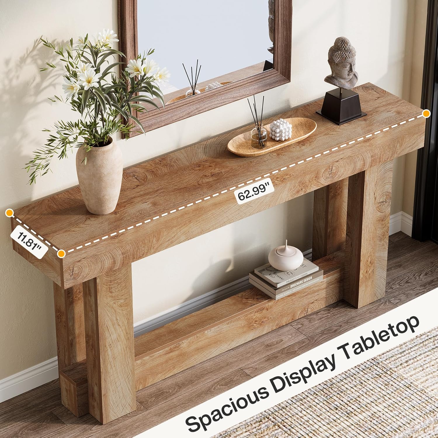 62.99 Inch Wood Console Table, 2-Tier Narrow Long Farmhouse Entryway Table