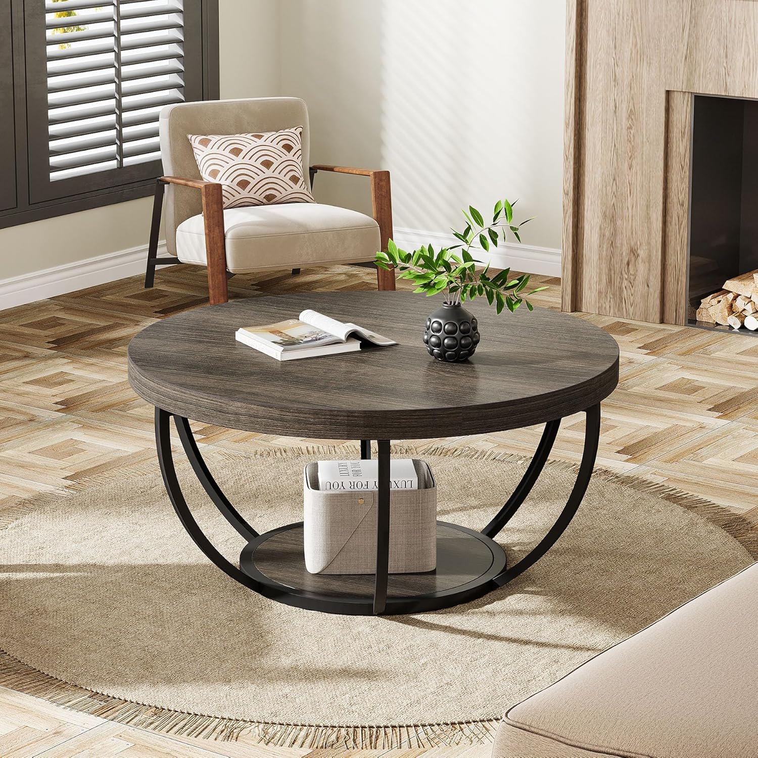 Round Wooden Coffee Table with 2-Tier Shelves