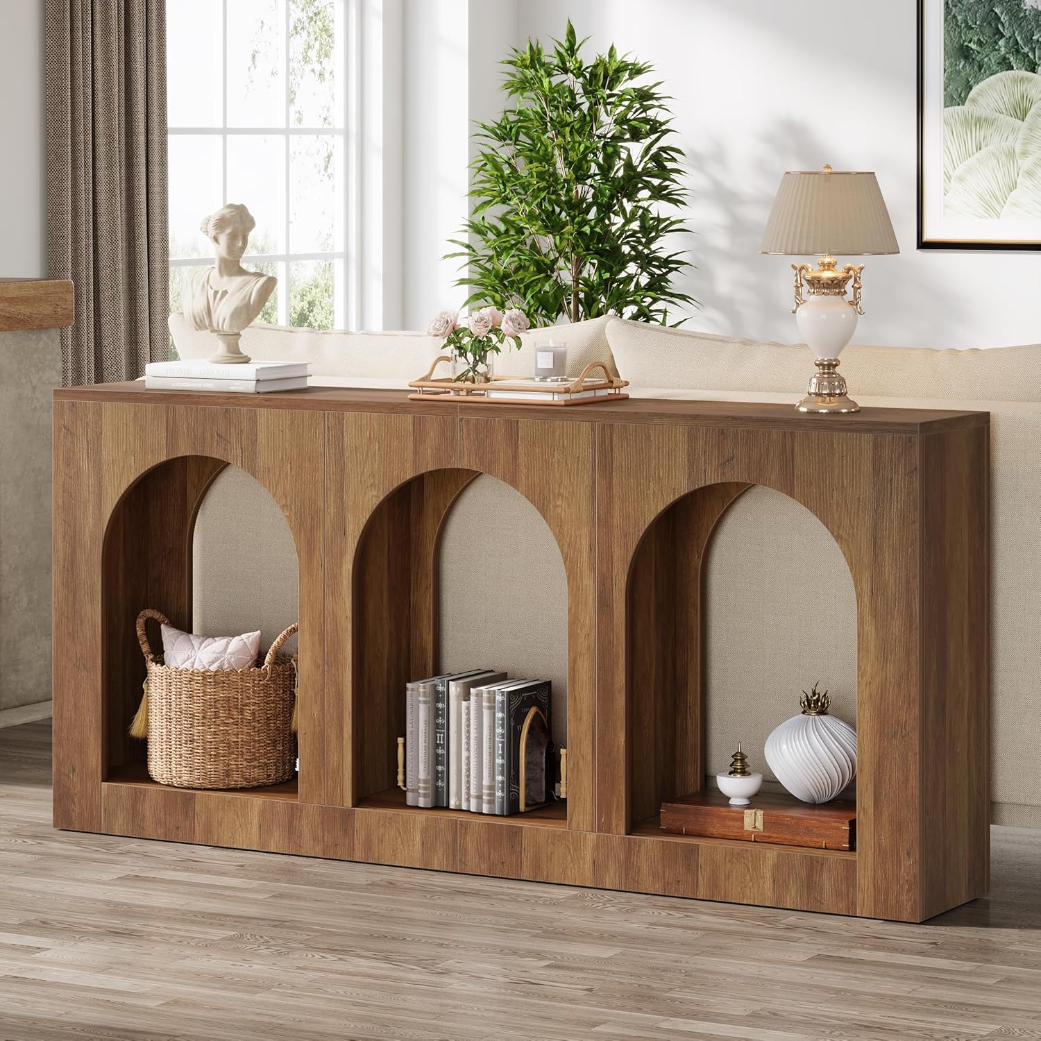 Tribesigns 63'' Rustic Console Table, Narrow Entryway Table with 3 Arched Shelves