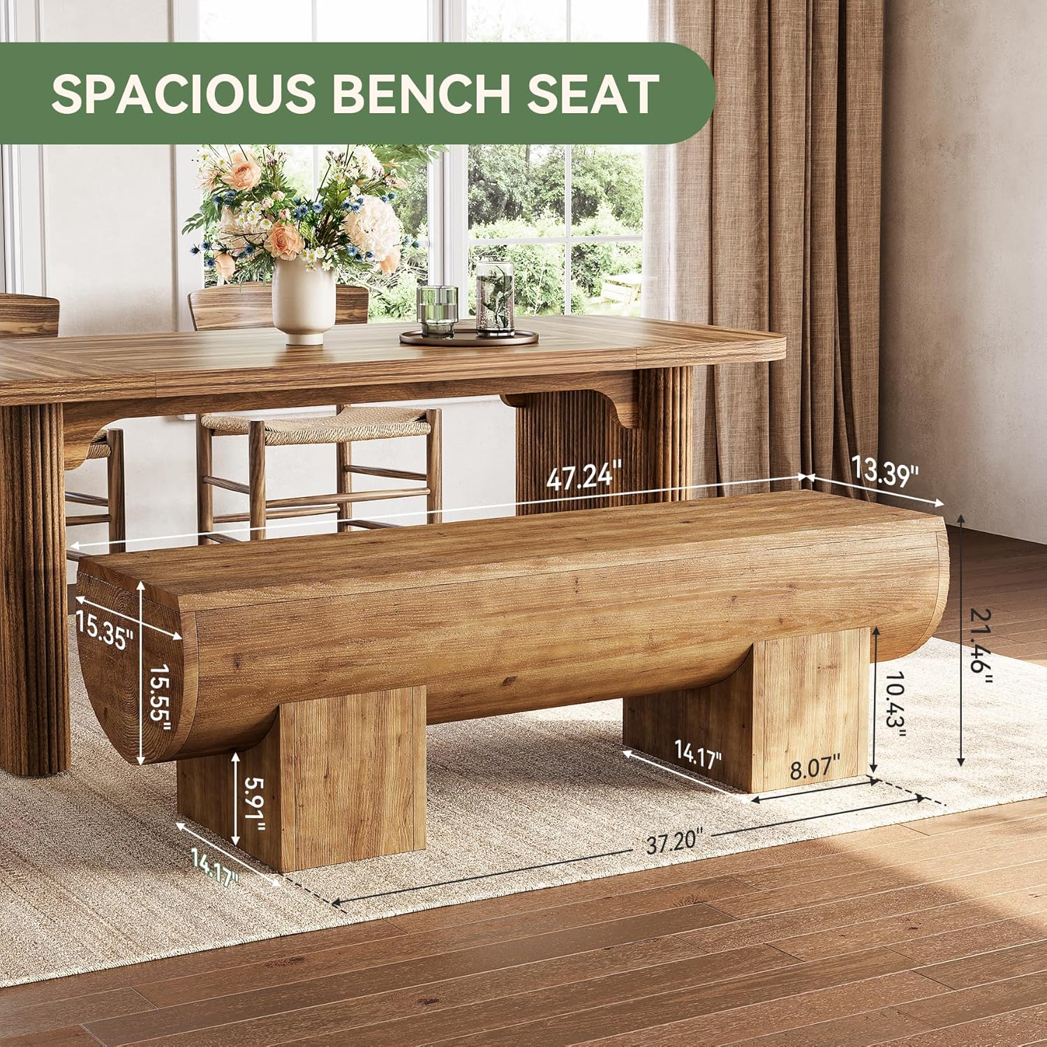 47-Inch Solid Wood Dining Bench, Farmhouse Entryway Shoe Bench