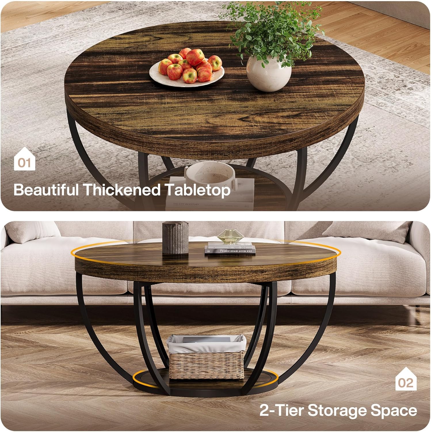 Round Wooden Coffee Table with 2-Tier Shelves