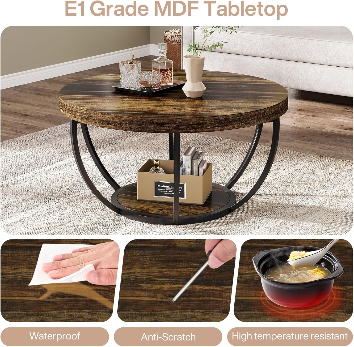 Round Wooden Coffee Table with 2-Tier Shelves