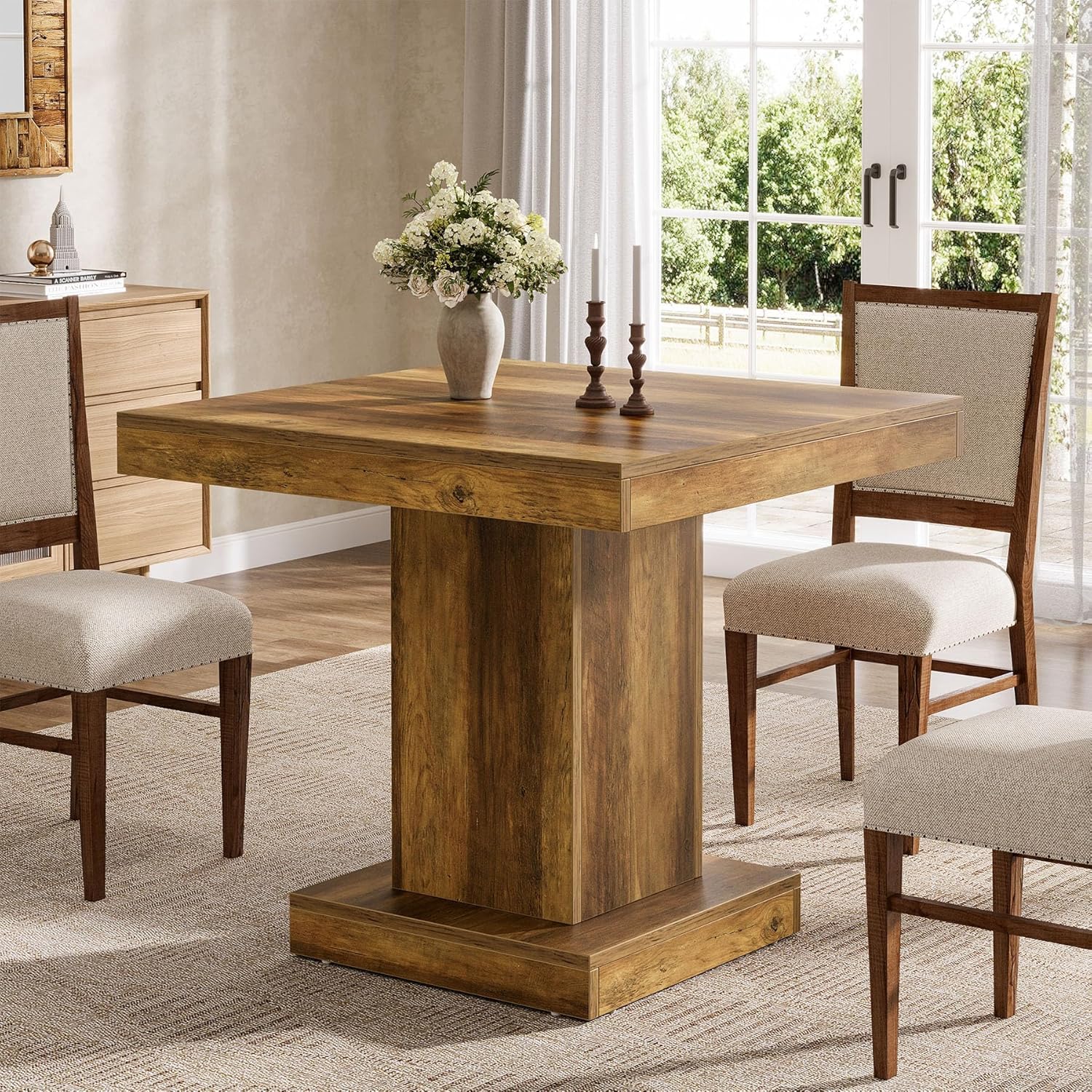 31.5-Inch Square Dining Table for 4, Farmhouse Wooden Kitchen Table with Pedestal Base