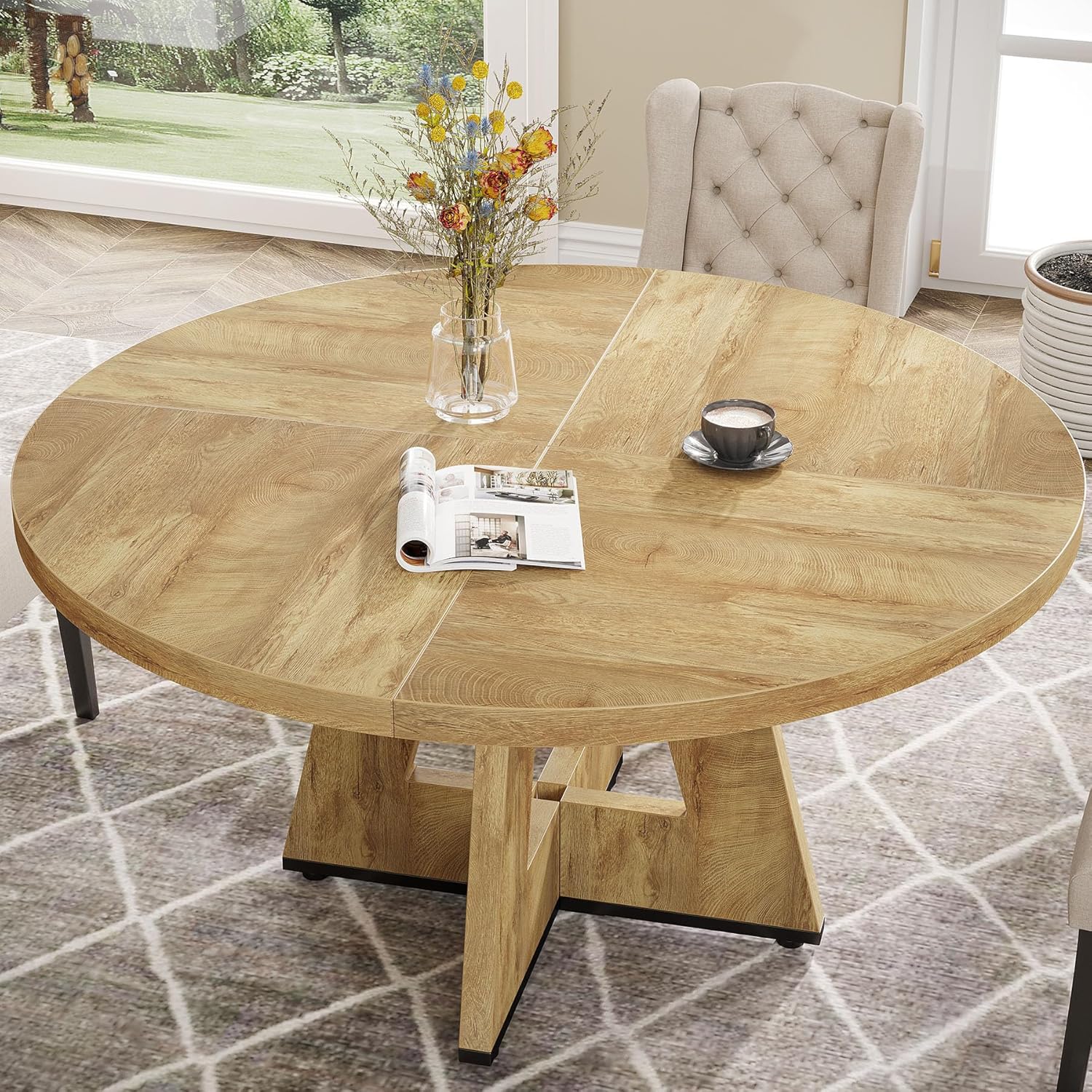 47-Inch Round Dining Table - Wood Kitchen Table for Dining Room and Living Room