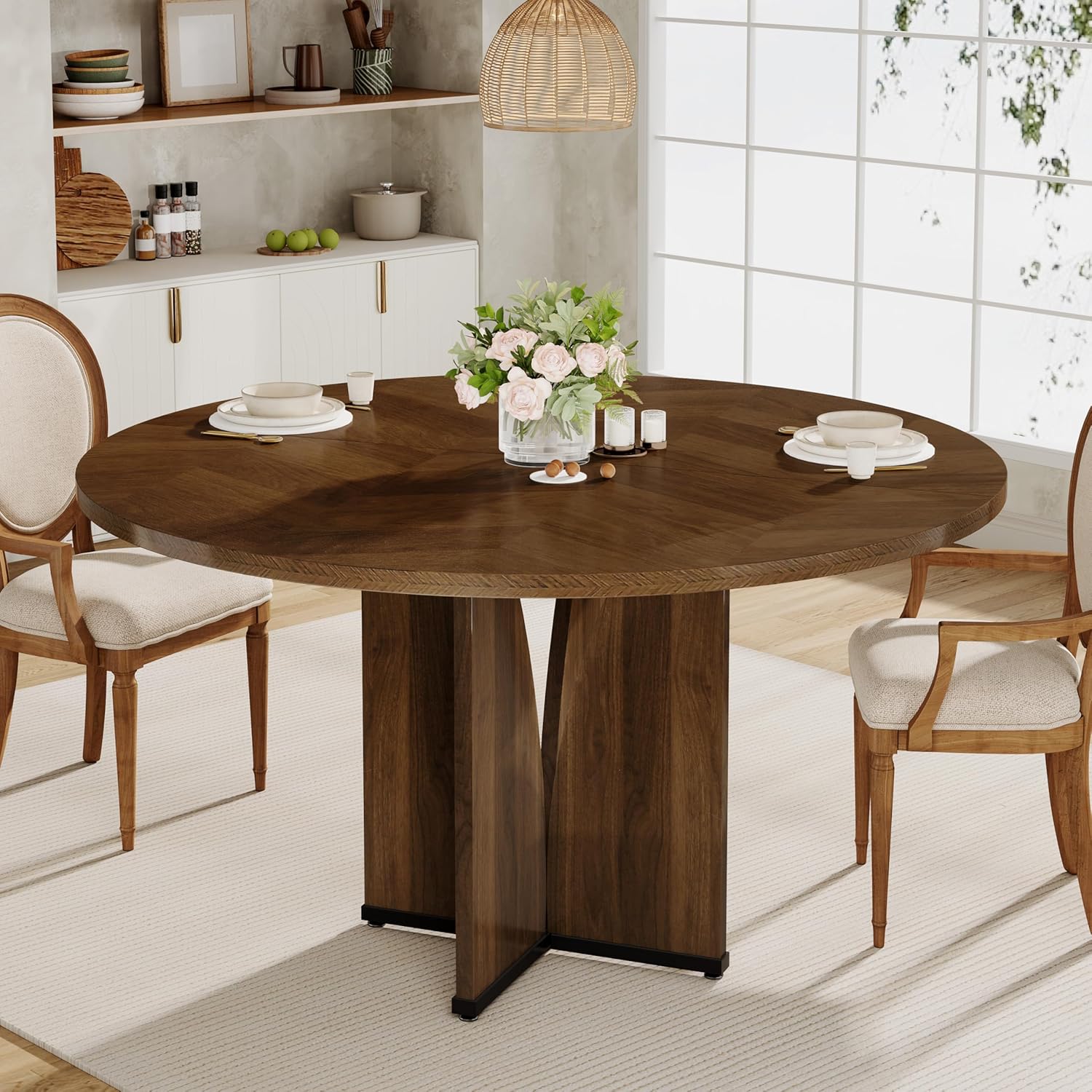 39.37" Round Farmhouse Dining Table with Pedestal Base for 4