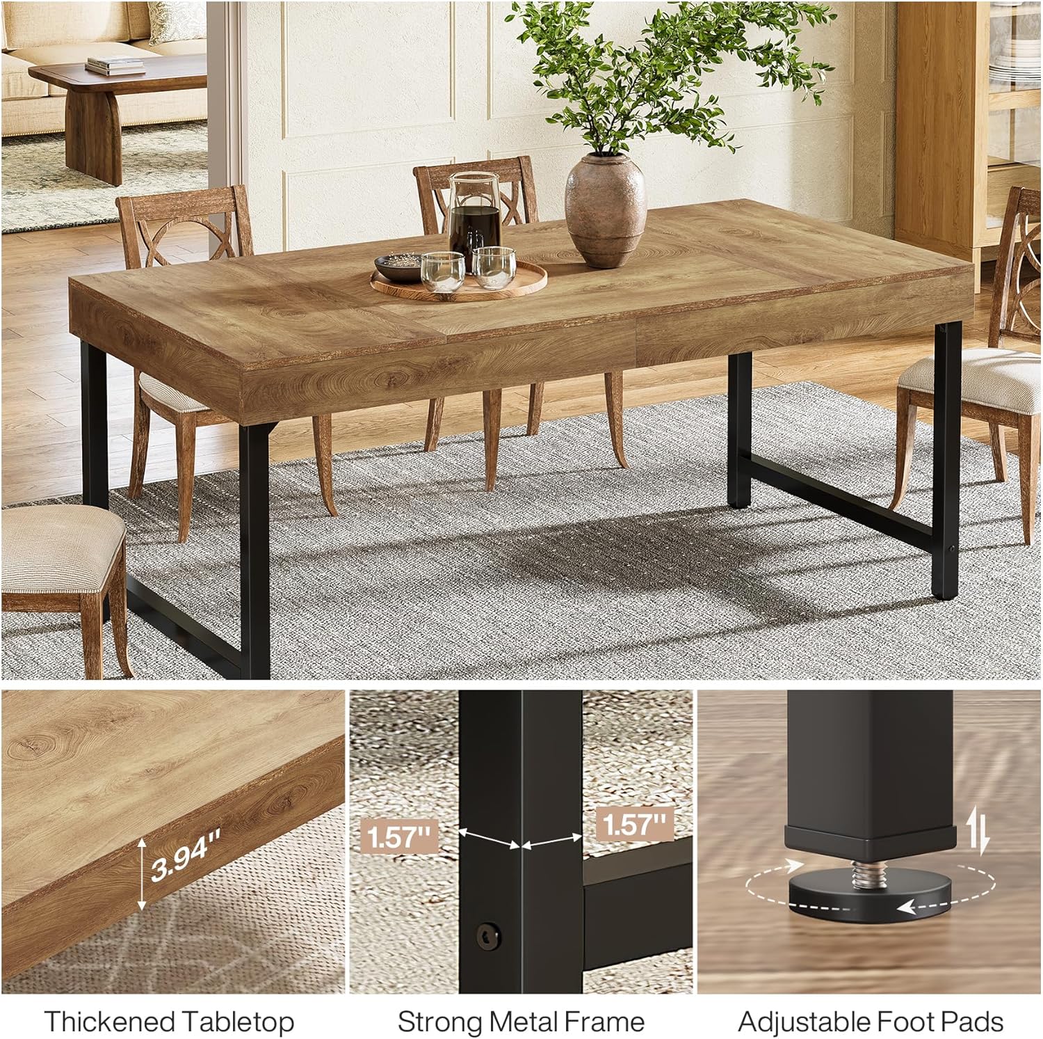 Tribesigns Industrial Farmhouse Dining Table, 55-Inch Rectangle with Heavy-Duty Metal Legs for 4-6 People