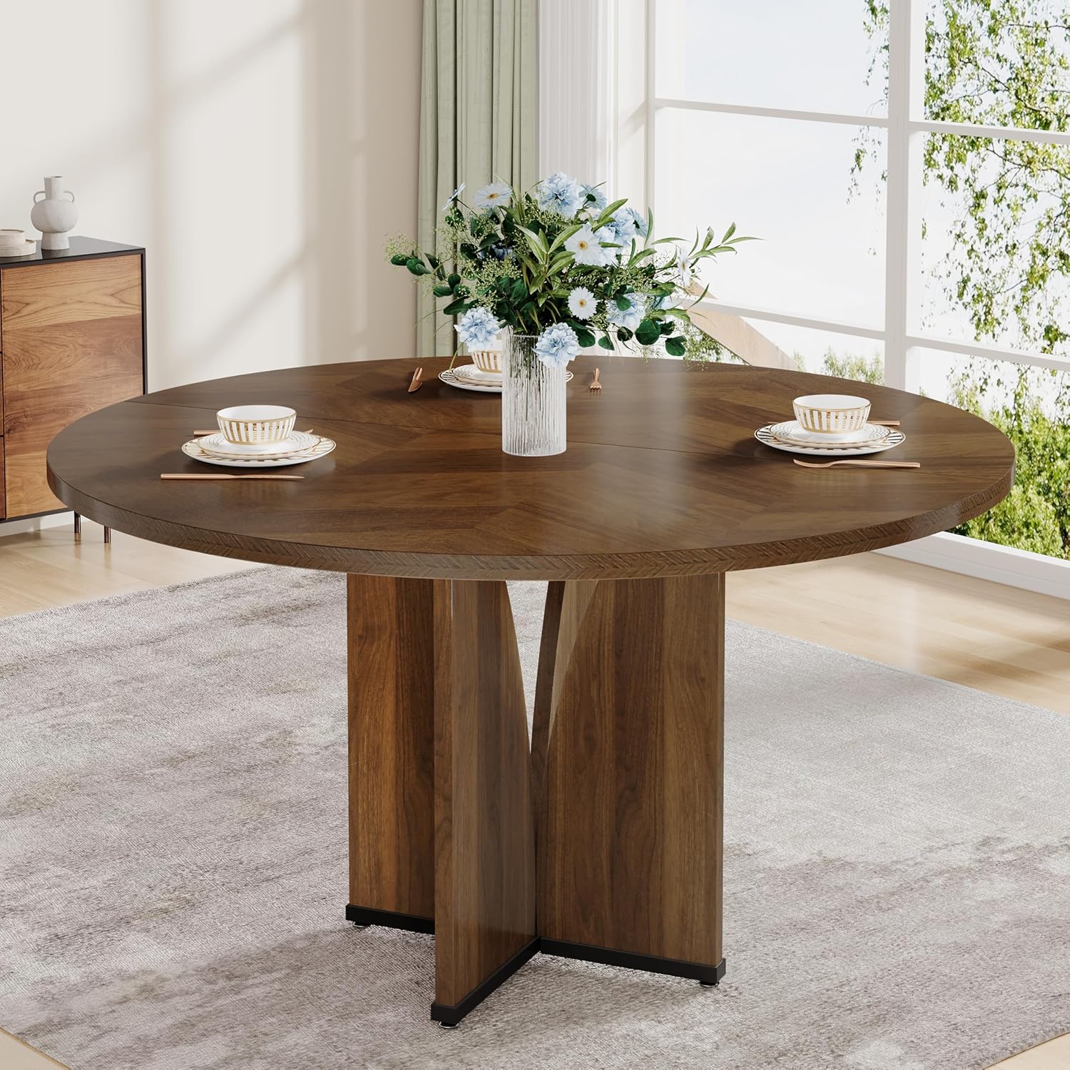 39.37" Round Farmhouse Dining Table with Pedestal Base for 4