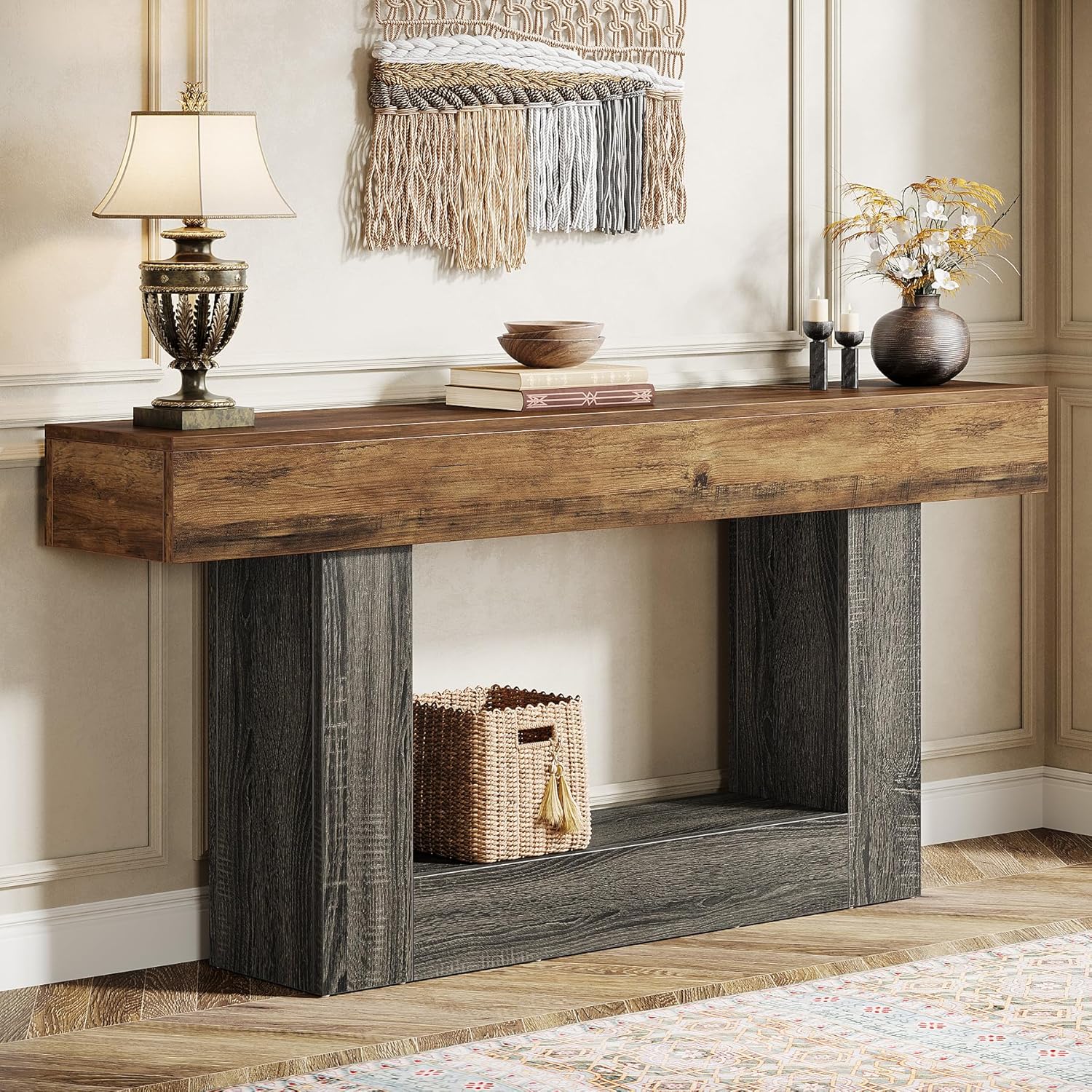 63" Distressed Wood Console Table, 2-Tier Sofa & Entry Table