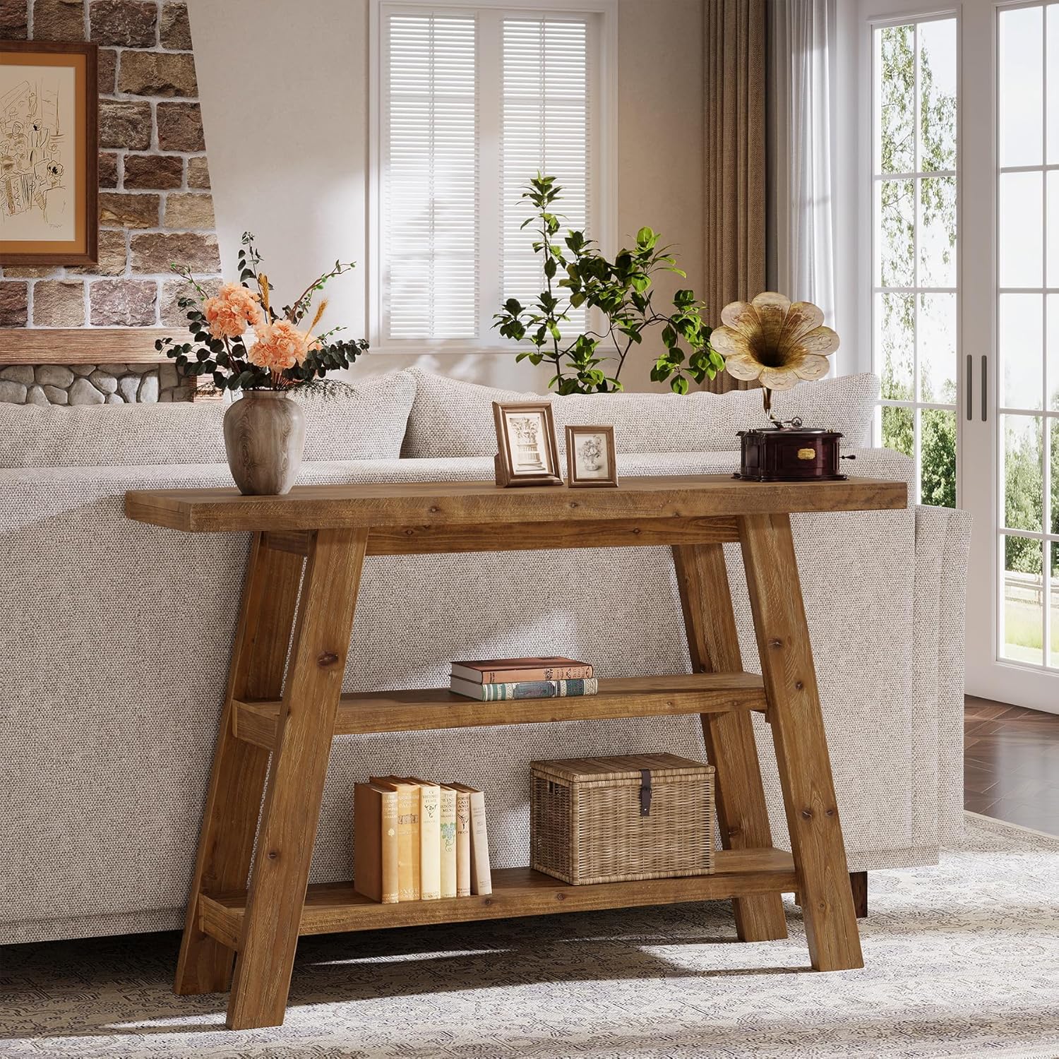 47.24" Solid Wood Farmhouse Console Table, 3-Tier Shelf Entryway Table for Hallway & Living Room