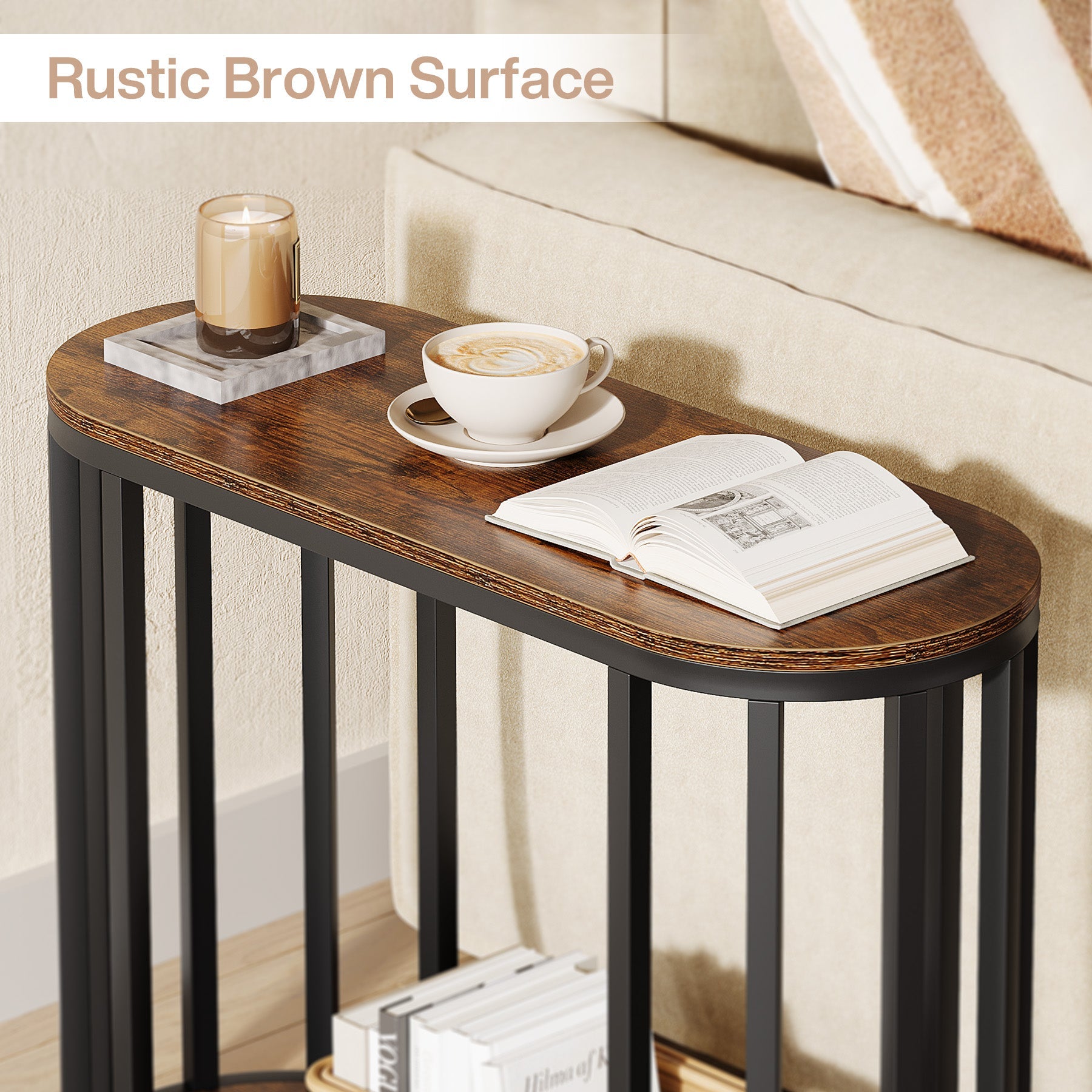 2-Tier Narrow End Table with Storage Shelf, Industrial Side Table Nightstand