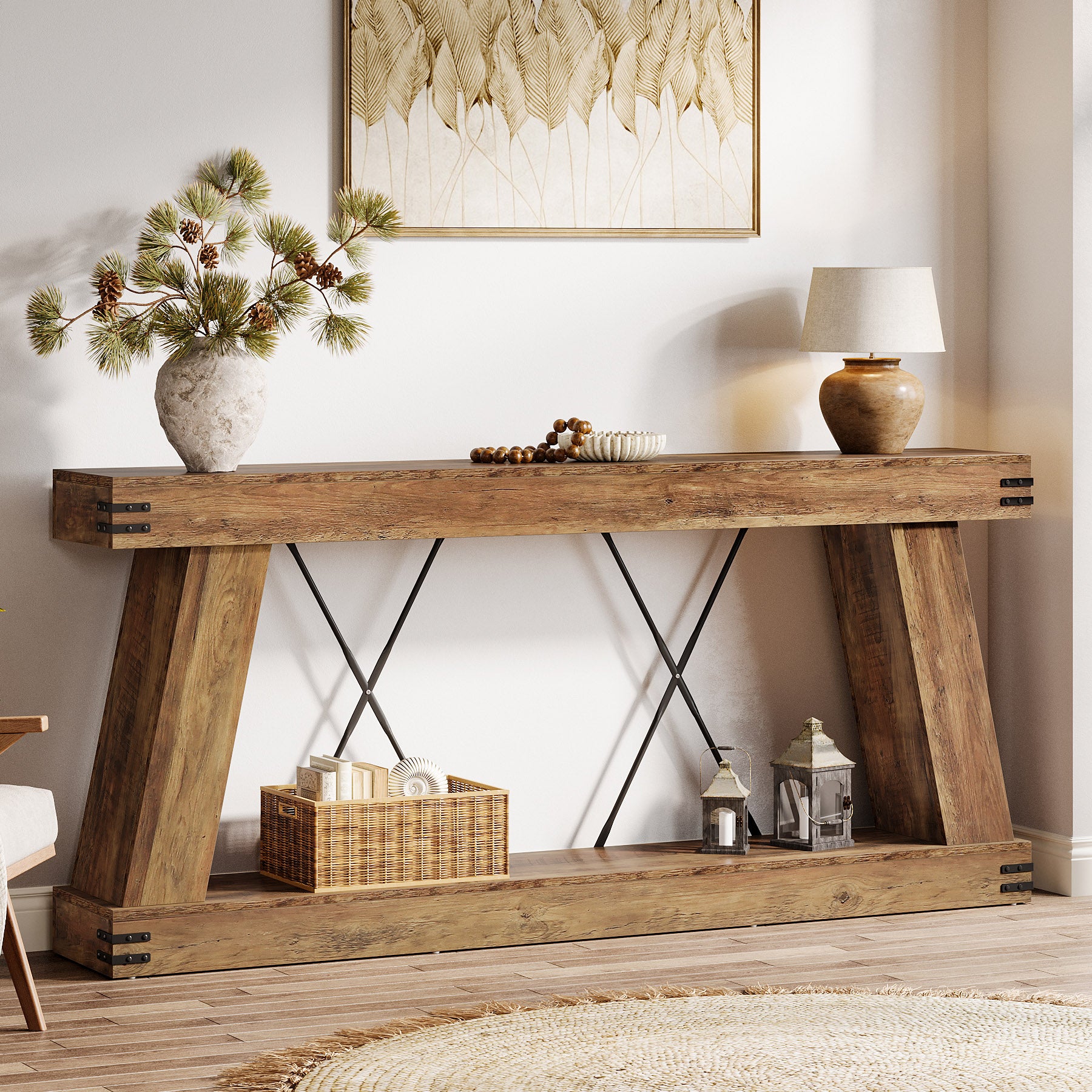 70.87" Farmhouse Console Table, Industrial Long Sofa Table with Storage for Entryway and Living Room