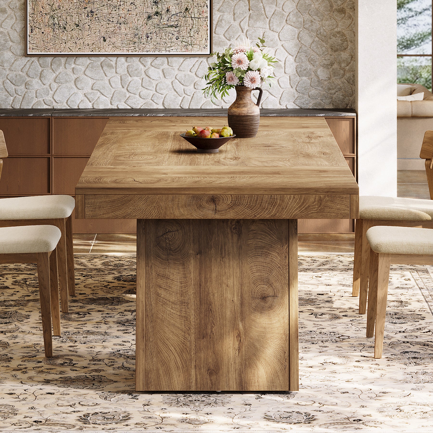 Tribesigns 55-Inch Dining Table for 4-6 People, Rectangular Farmhouse Kitchen Table with Double Pedestal Base