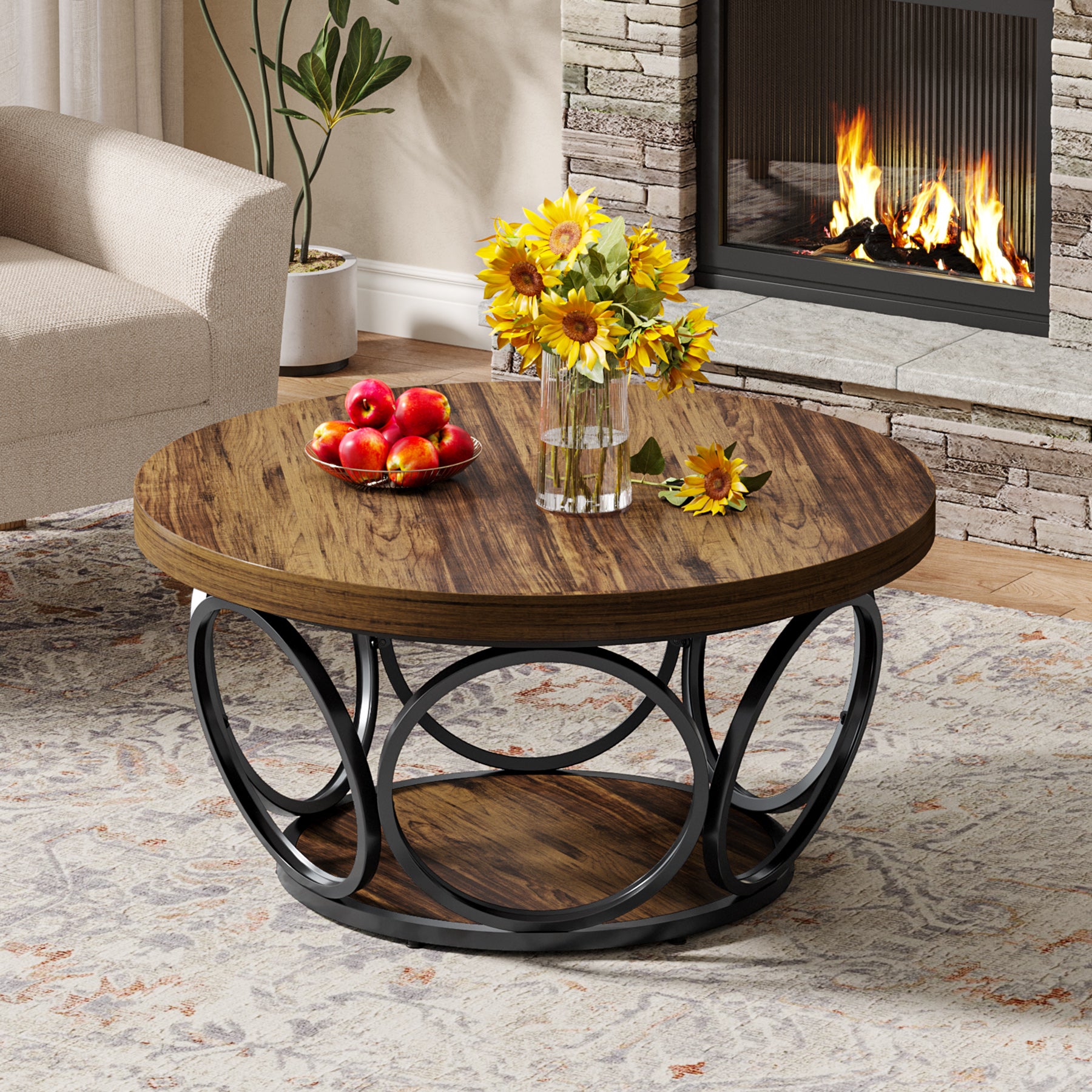 Tribesigns Coffee Table, Round Center Table with 2 Storage Shelves