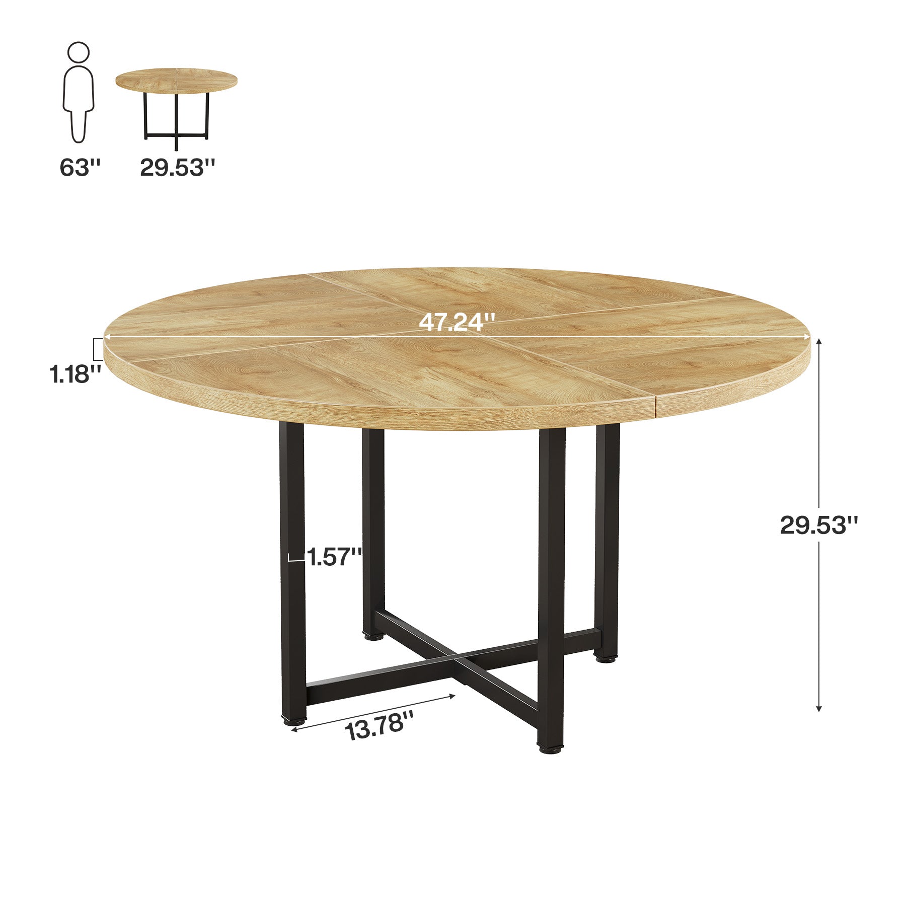 47" Round Dining Table, Heavy-Duty Metal Base, Space-Saving