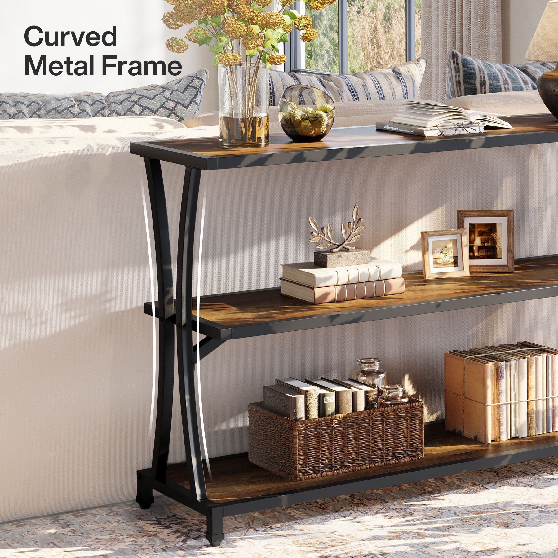 43.31" Industrial 3-Tier Console Table, Rustic Narrow Sofa Table with Storage Shelves