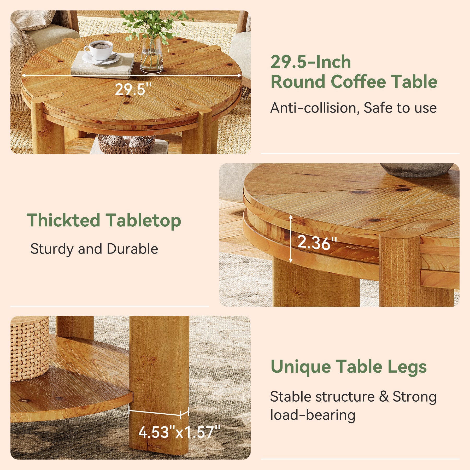 29.5 Inch Solid Wood Round Coffee Table, Farmhouse 2-Tier Circle Center Table with Open Storage Shelf for Living Room Apartment