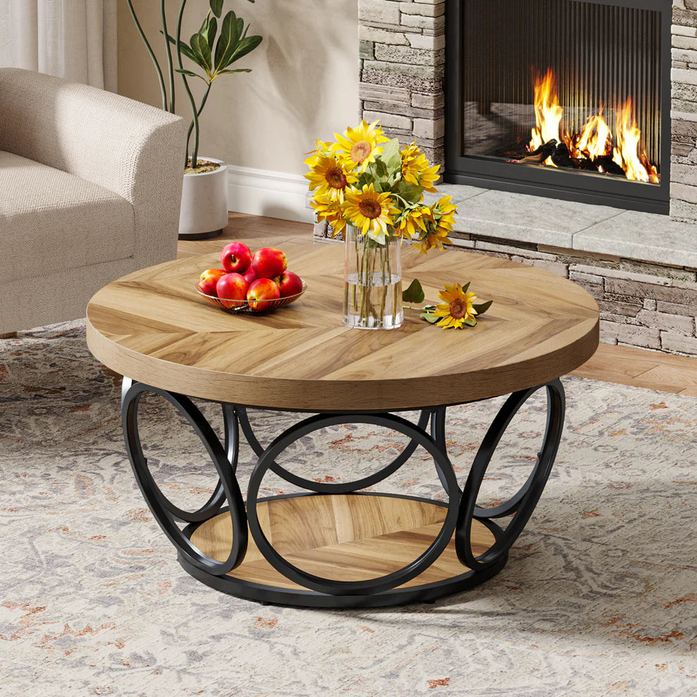 Tribesigns Coffee Table, Round Center Table with 2 Storage Shelves