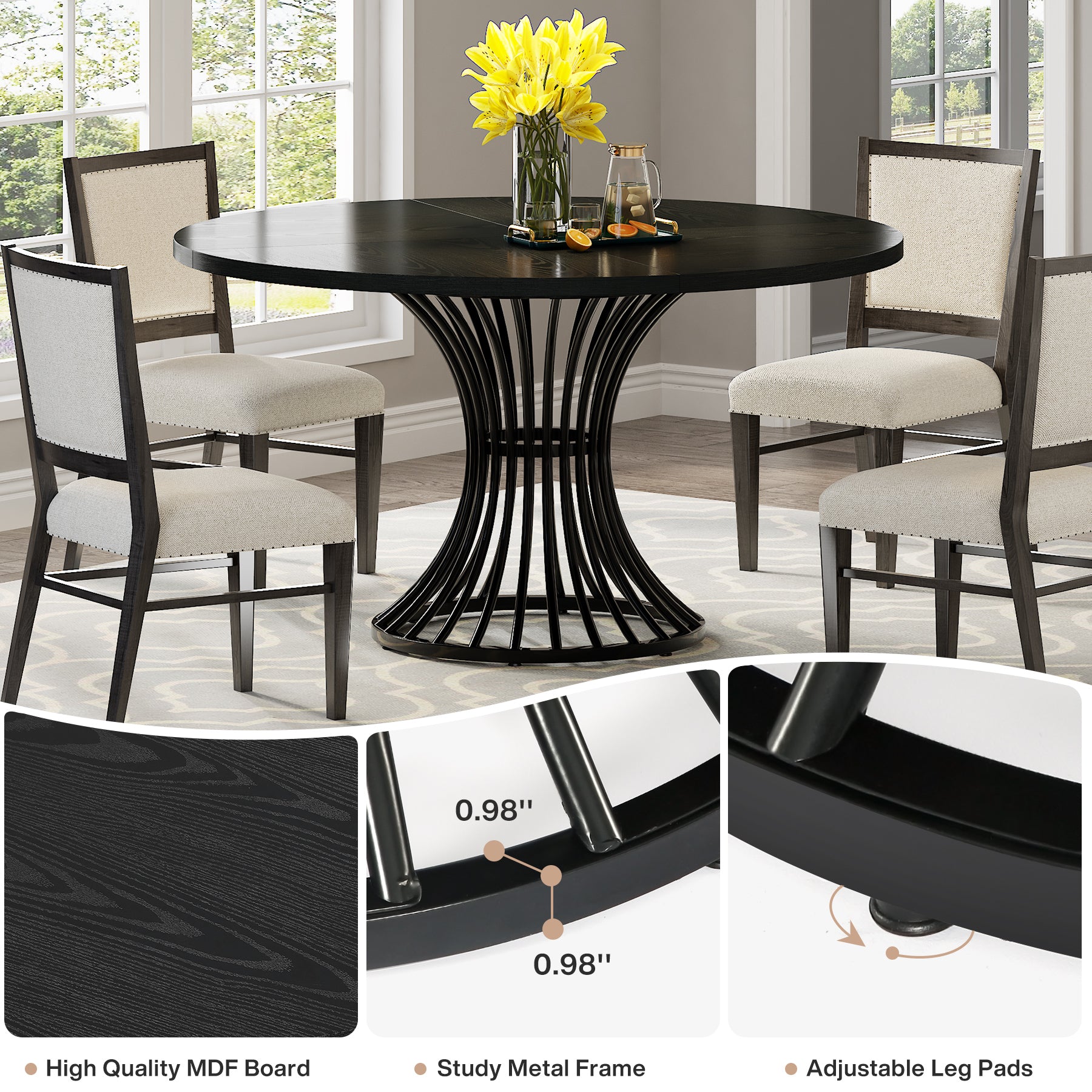 Tribesigns 47.2-Inch Round Dining Table for 4-6, Farmhouse Kitchen Table with Hourglass Metal Base