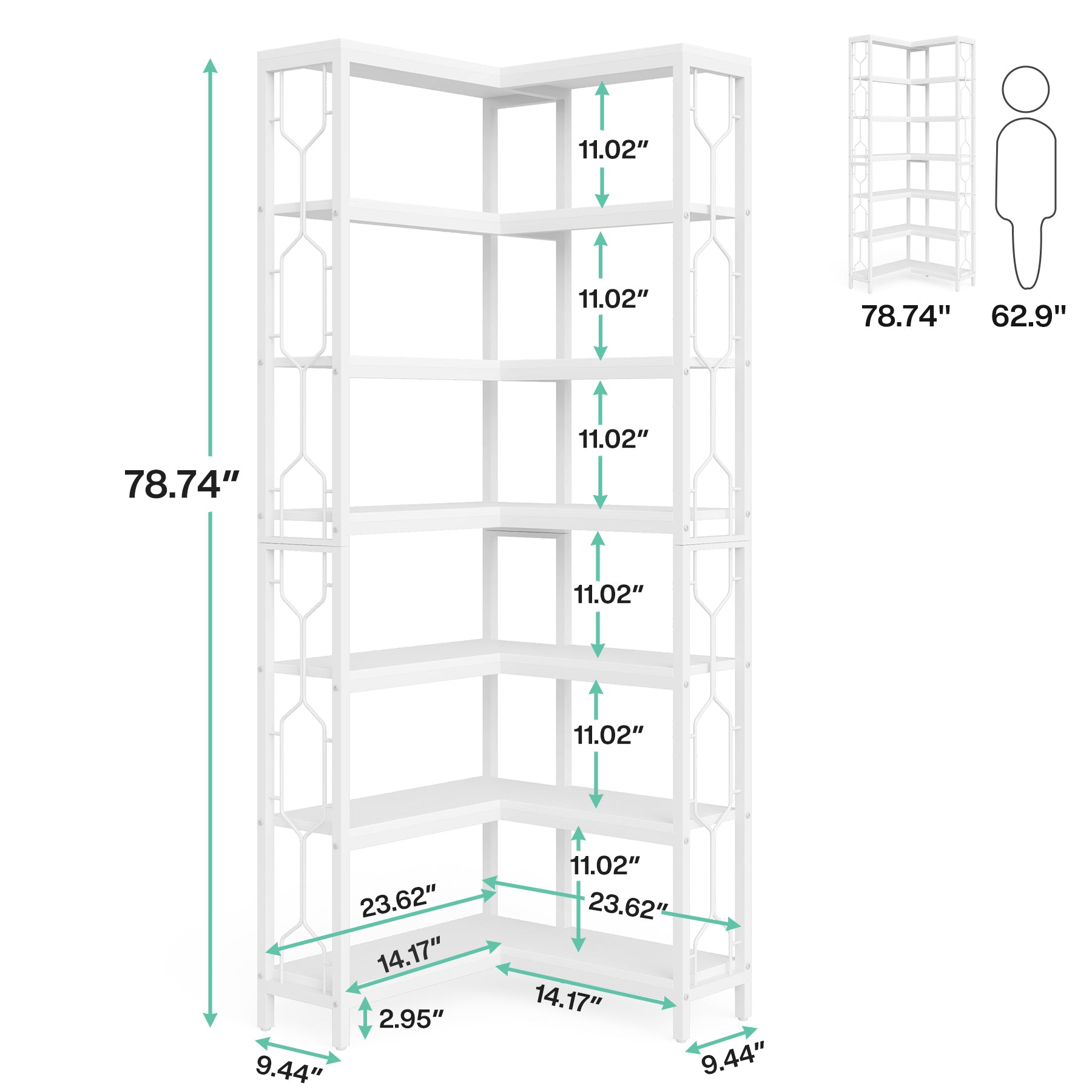 78.7-Inch 7-Tier Corner Bookcase with Hexagon-Pattern Side Panels, Tall Display Unit for Living Room