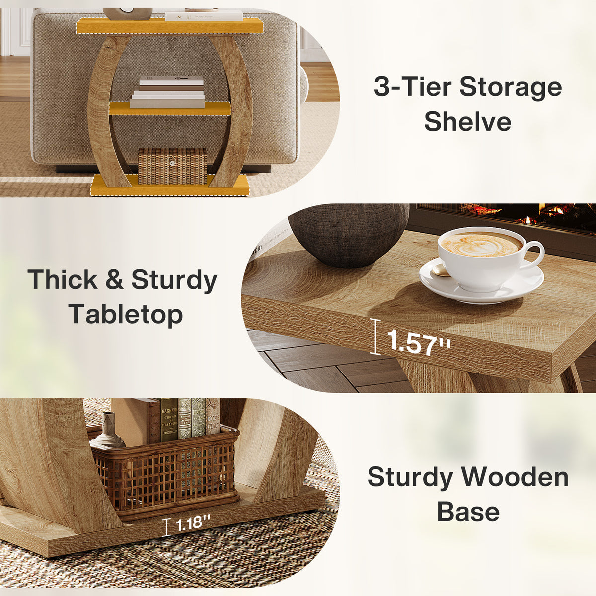 24 Inch Narrow End Table with Storage, 3 Tier Farmhouse Side Table
