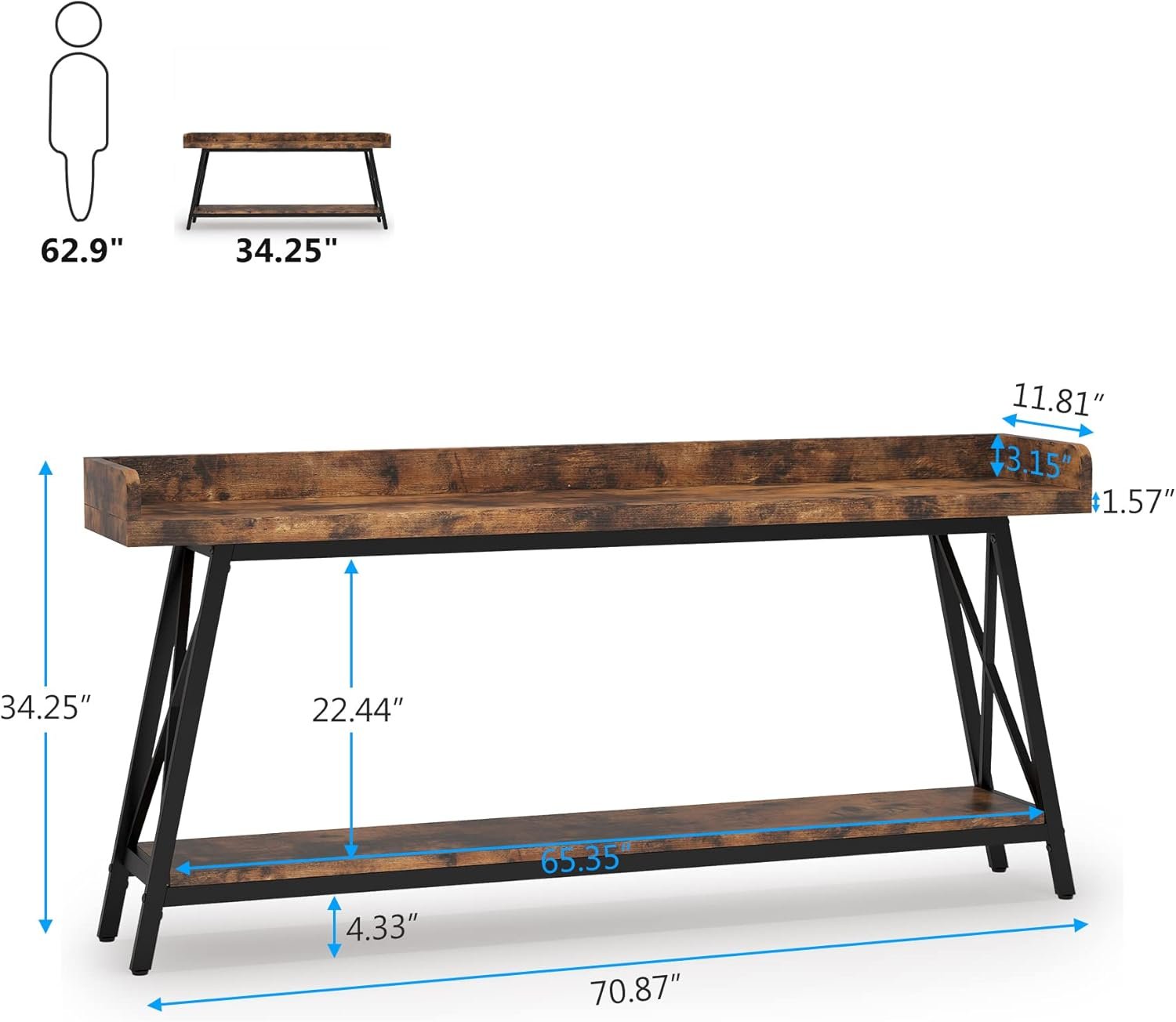 70.9-Inch Extra Long Sofa Table, Rustic Industrial Narrow Console for Entryway and Living Room