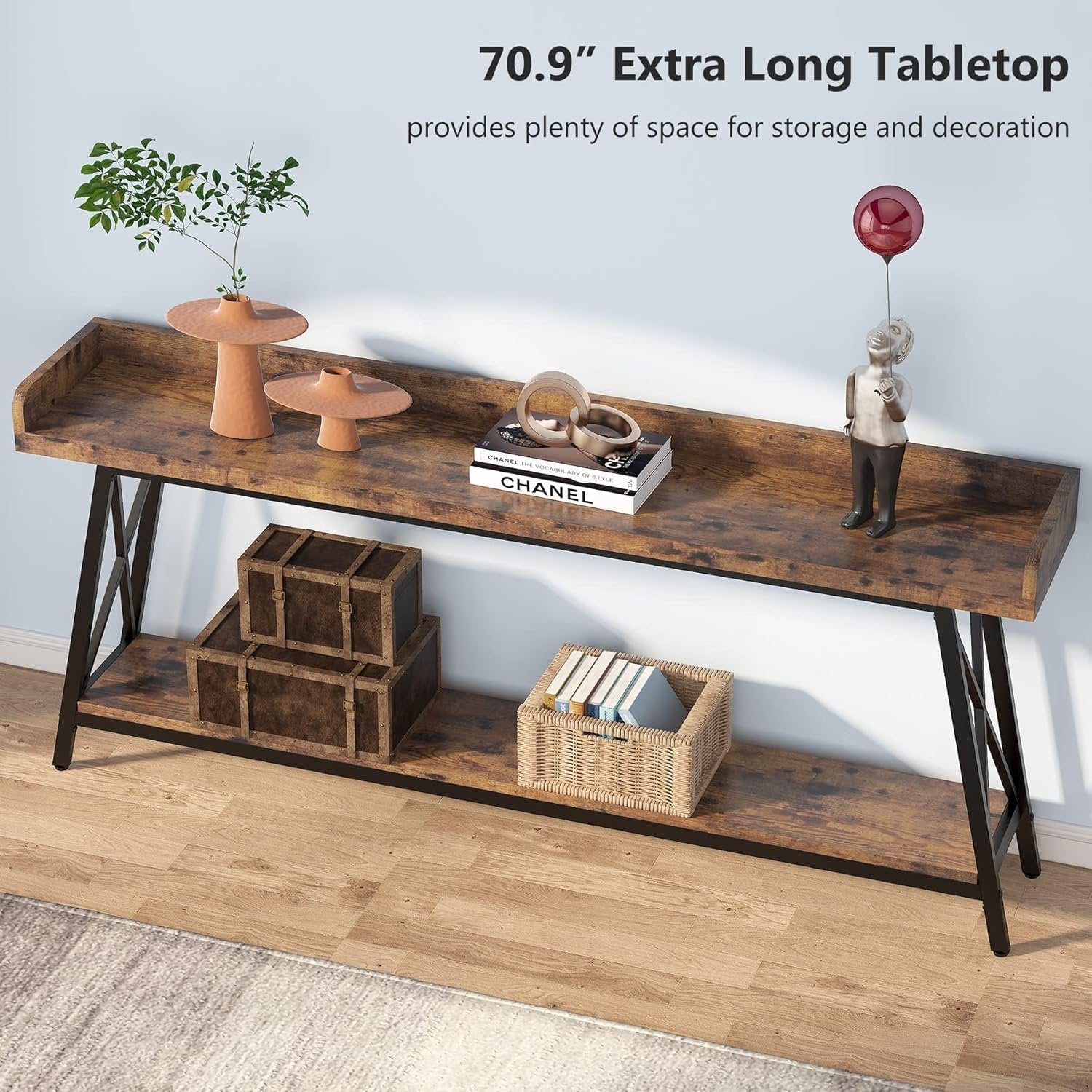 70.9-Inch Extra Long Sofa Table, Rustic Industrial Narrow Console for Entryway and Living Room