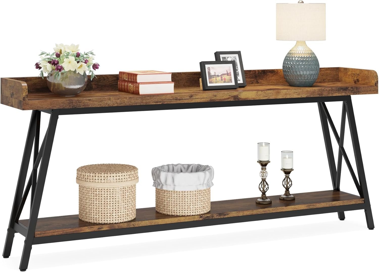 70.9-Inch Extra Long Sofa Table, Rustic Industrial Narrow Console for Entryway and Living Room