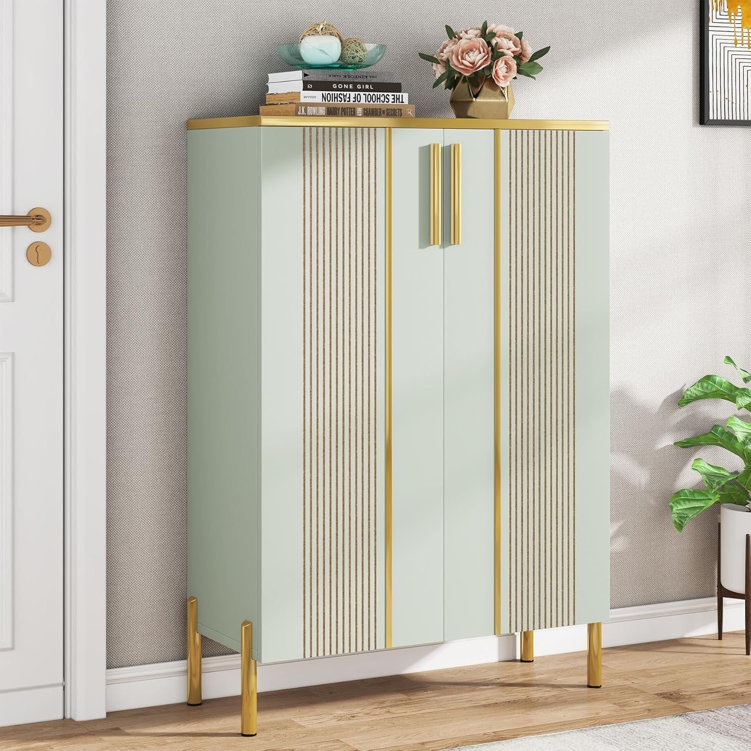 39.37-Inch Shoe Cabinet with Doors, 6-Tier Wooden Storage Organizer with Adjustable Shelves