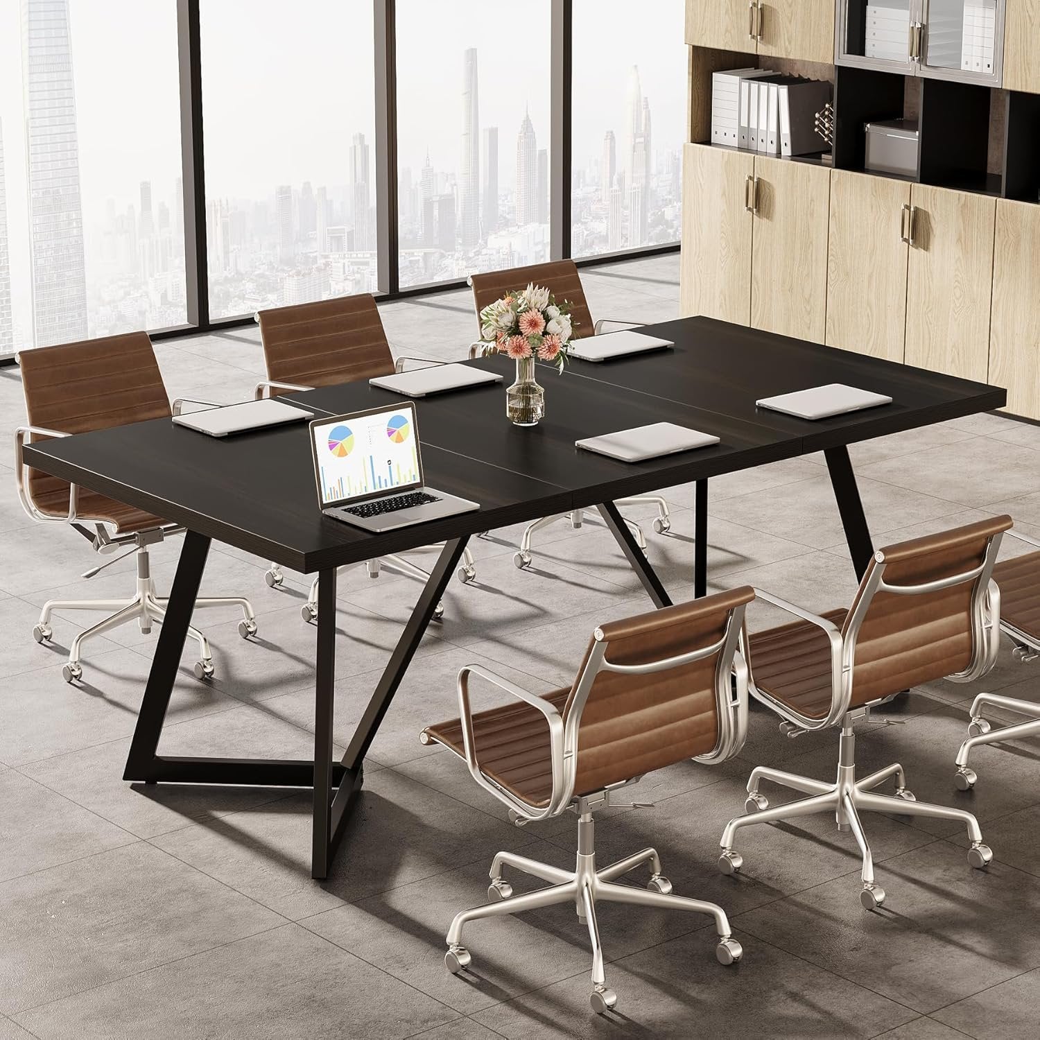 70.86" Modern Conference Table, Sleek Black Rectangular Desk with Sturdy Metal Frame