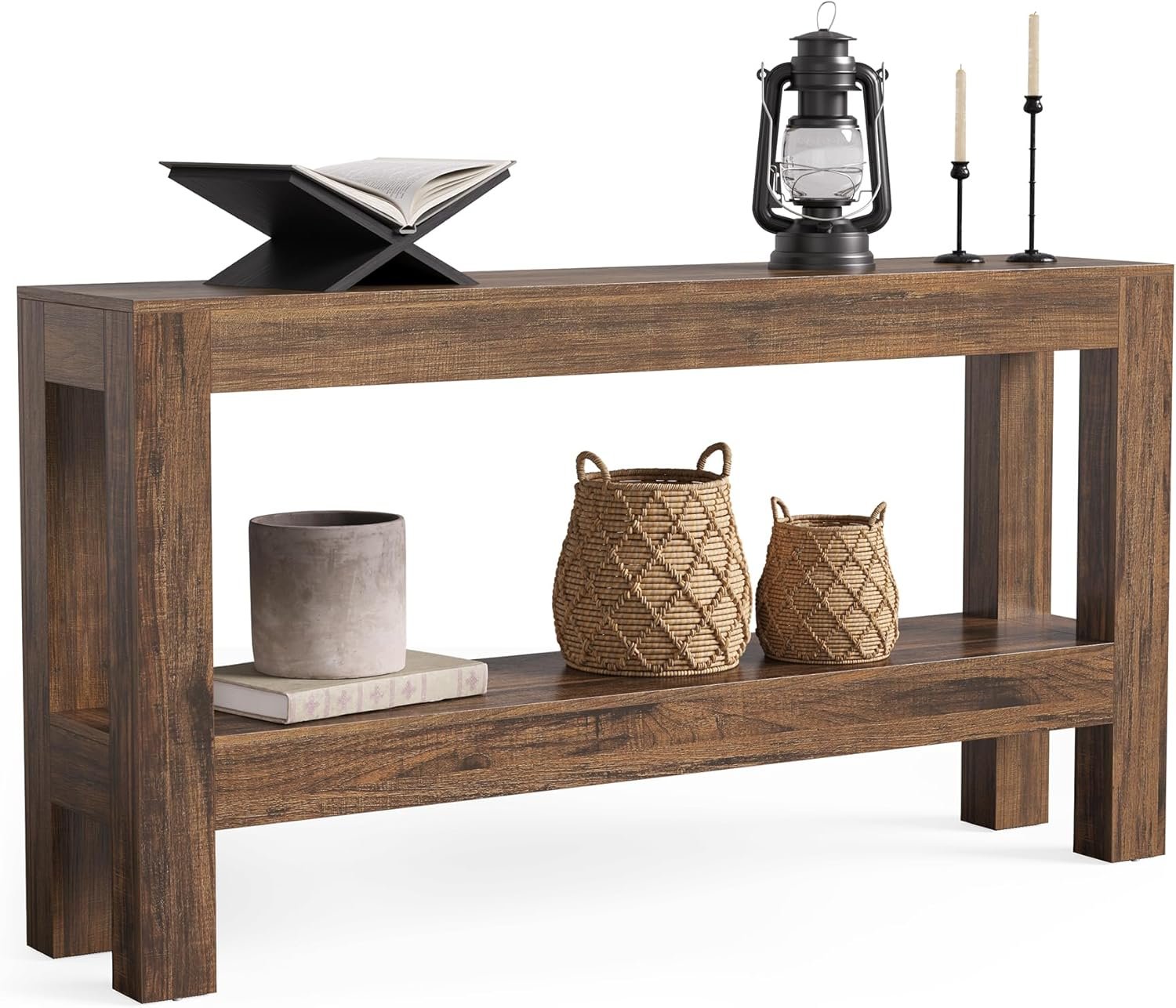 63" Farmhouse Console Table, Long Narrow Sofa Table with 2 Shelves for Entryway and Living Room