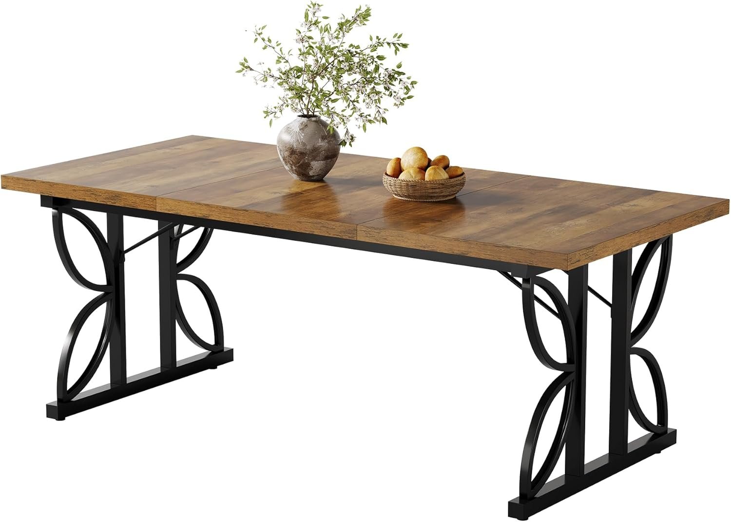 71 x 31.5 Inch Industrial Rectangular Dining Table, Kitchen Table with Metal Base in Brown