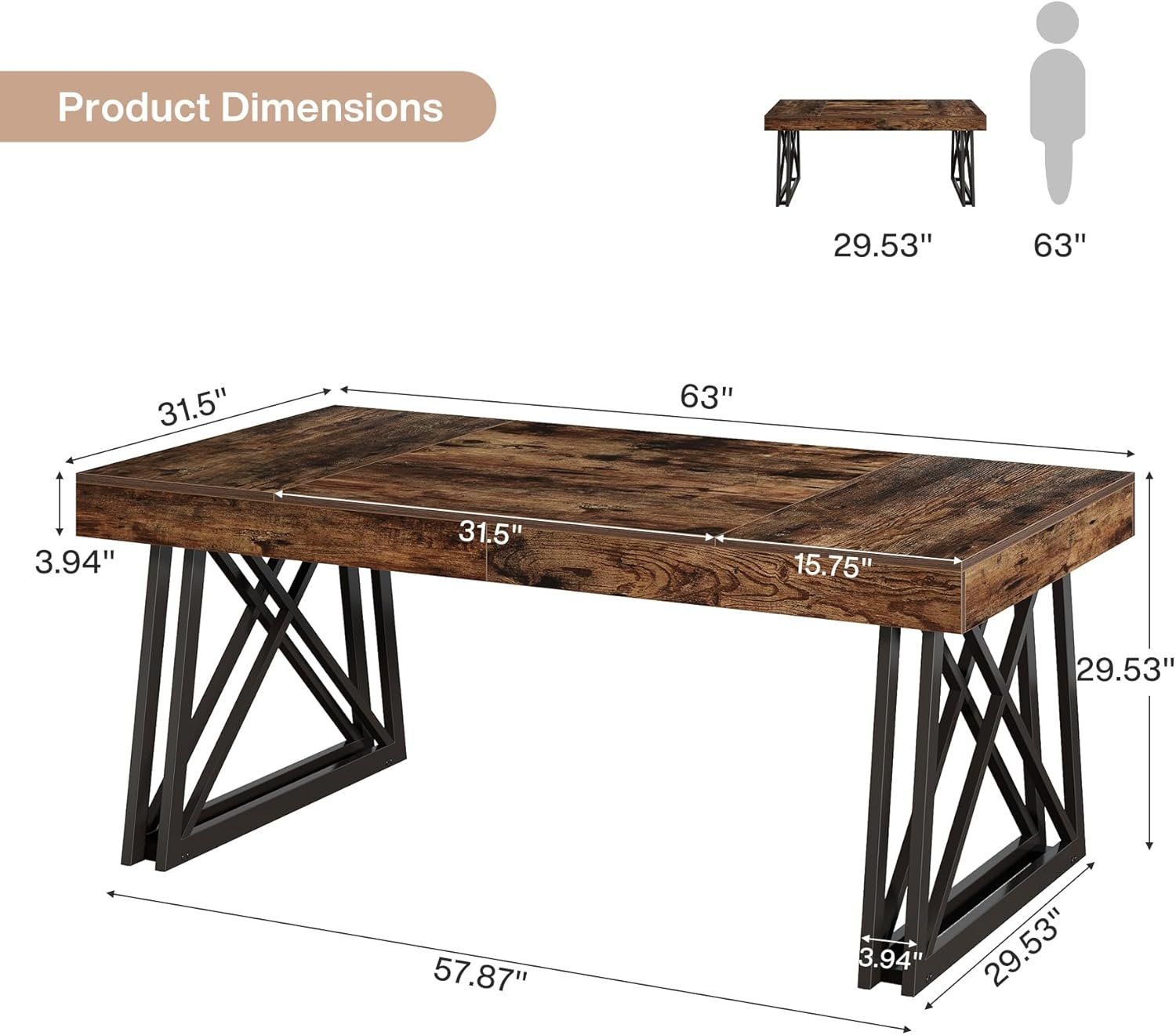 63" Rustic Executive Desk - Farmhouse Office Computer Desk with X-Legs, Brown & Black