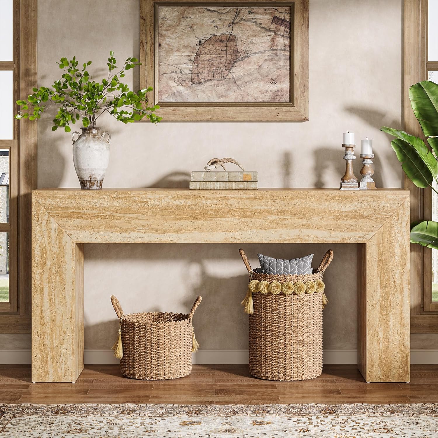 Tribesigns 63" Narrow Sofa Console with Faux Travertine Finish