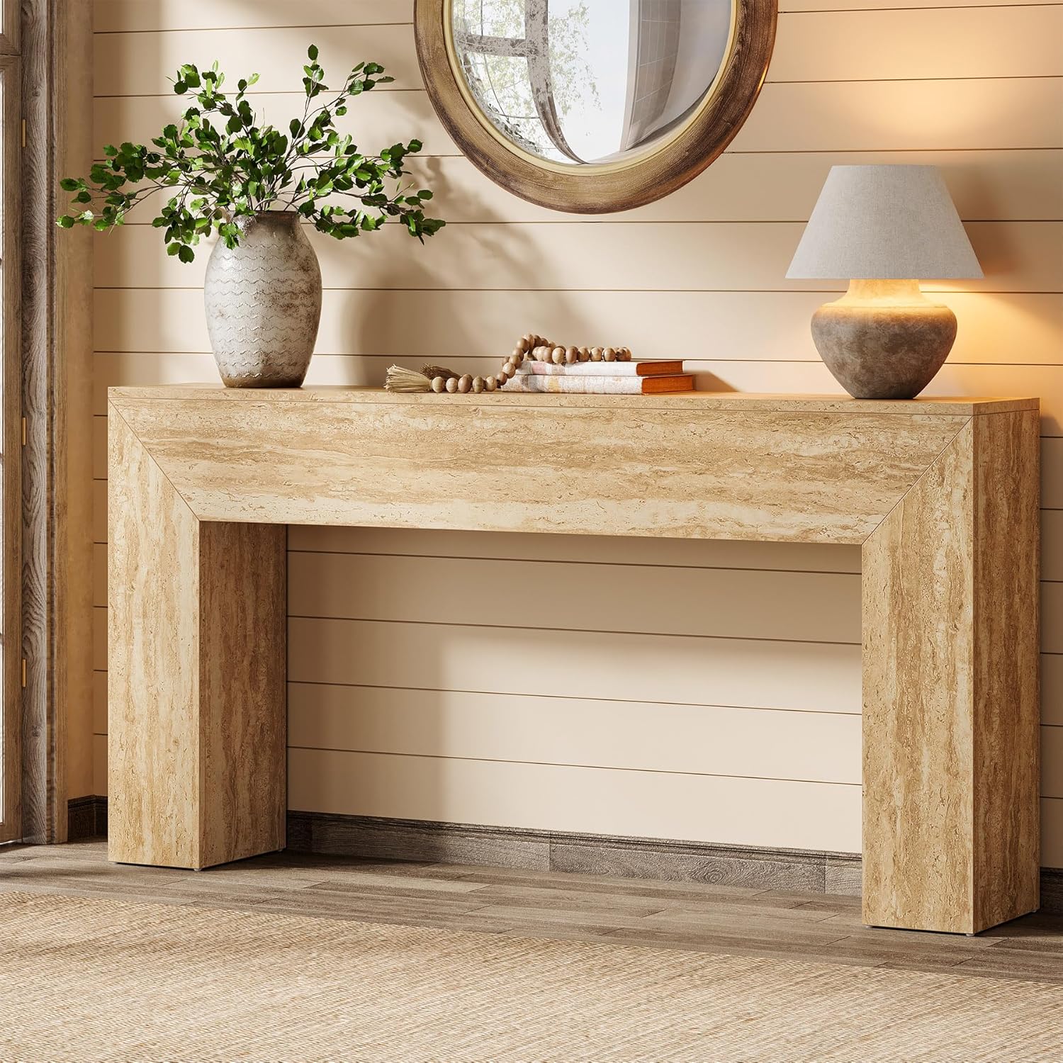 Tribesigns 63" Narrow Sofa Console with Faux Travertine Finish