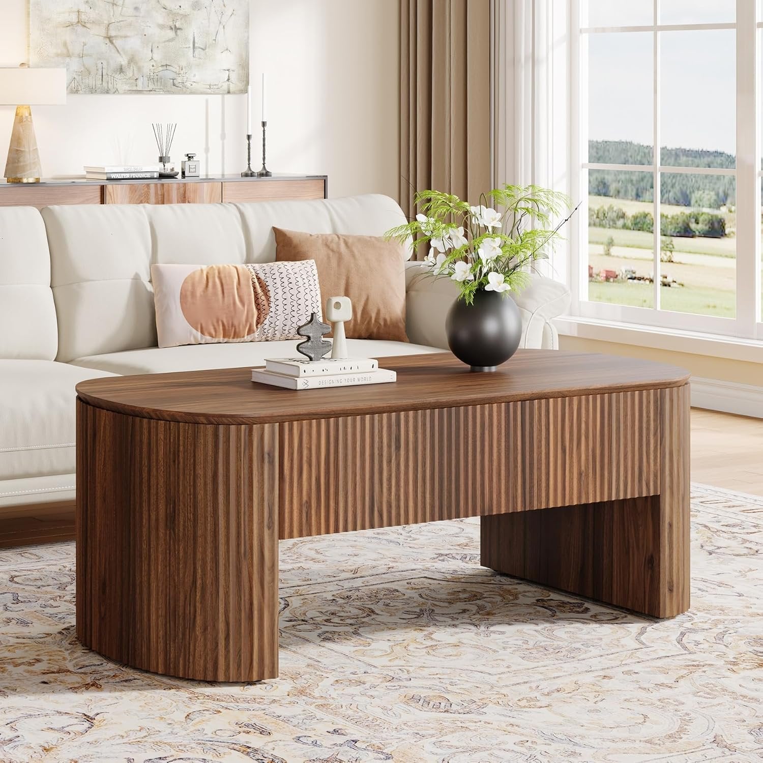 47-Inch Oval Lift Top Coffee Table, Rustic Brown with Storage Shelf and Hidden Compartment