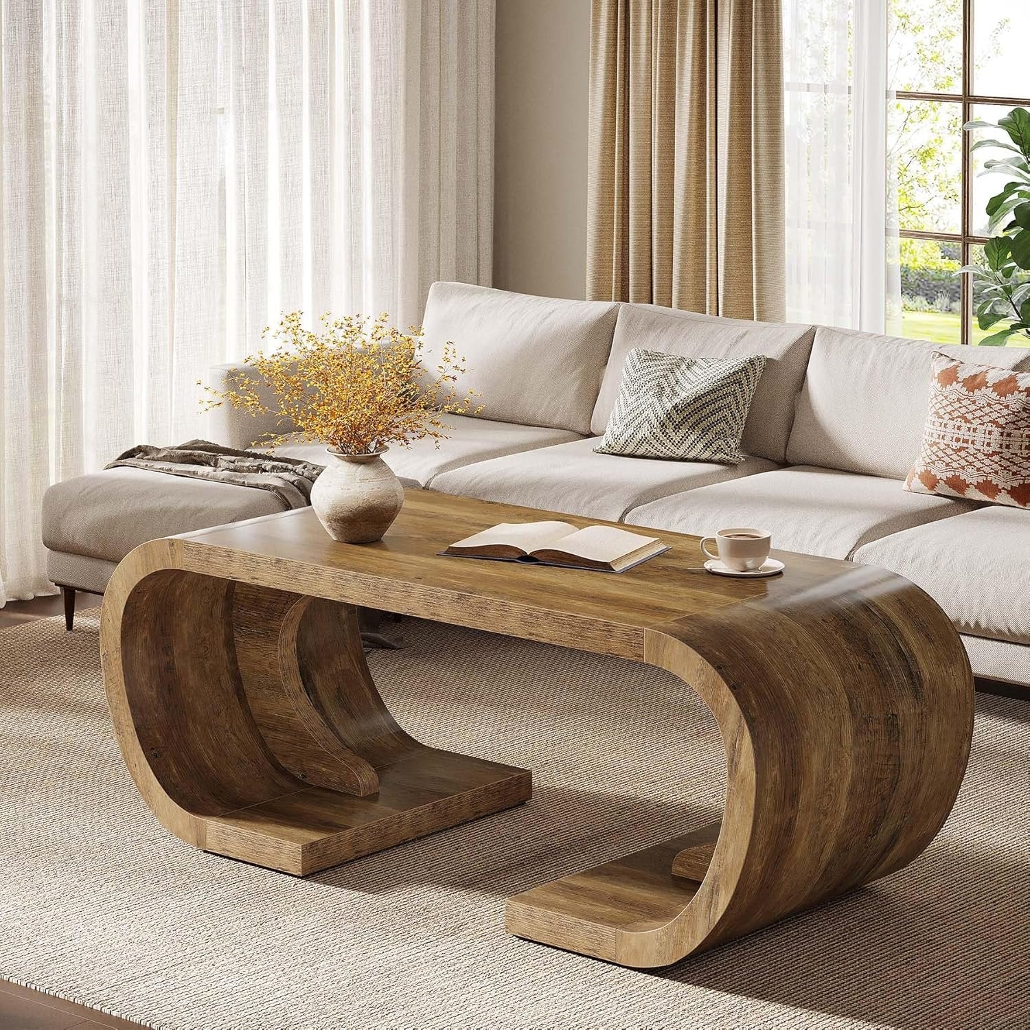 47" Farmhouse Coffee Table with Curved Base, Heavy Duty C Shaped Center Table