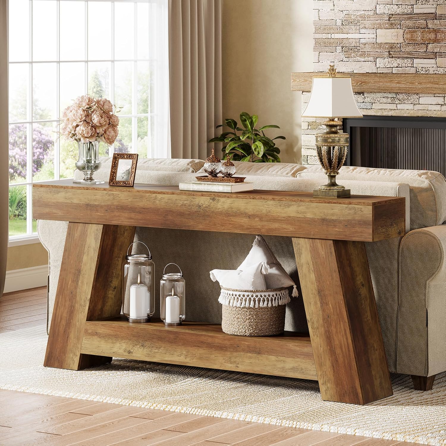 70.87" Console Table, Farmhouse 2 - Tier Sofa Table with Open Storage Shelf Tribesigns