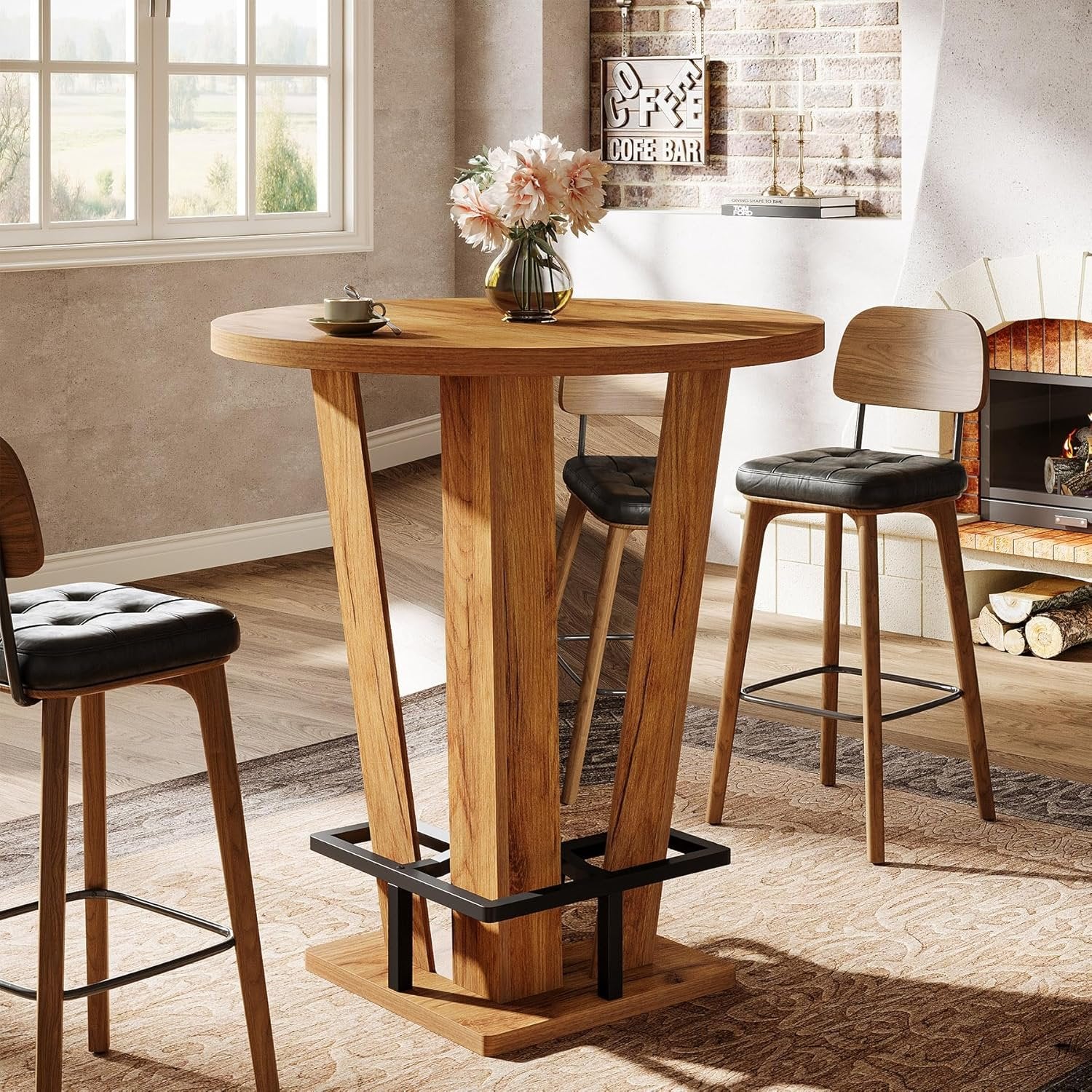 Tribesigns 39.4 Inch High Round Bar Table, With Metal Footrest for Living Room and Small Spaces