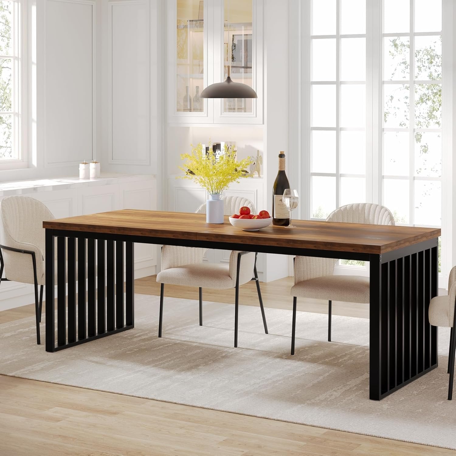 Modern Industrial Dining Table for 8, 71" Long Farmhouse Kitchen Table with Metal Frame