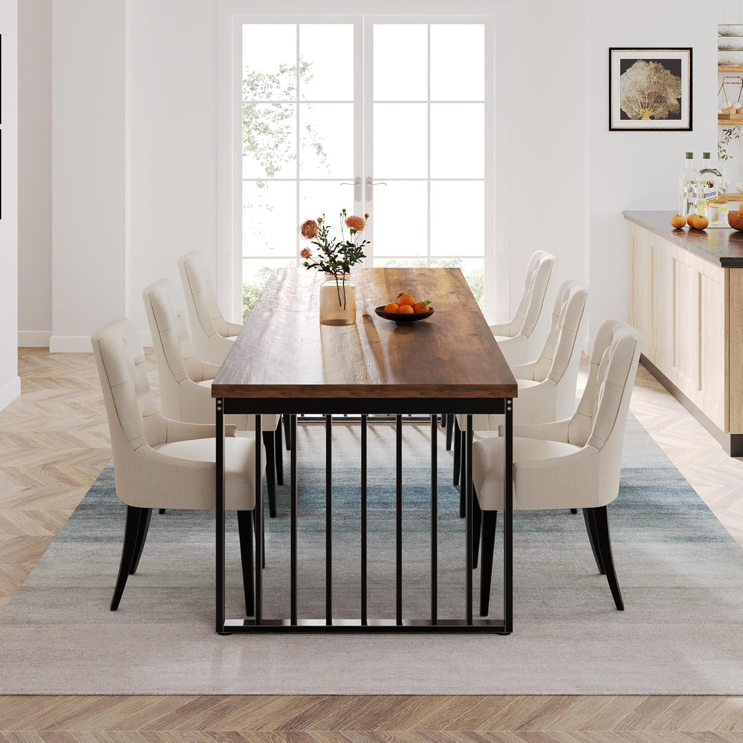 Modern Industrial Dining Table for 8, 71" Long Farmhouse Kitchen Table with Metal Frame