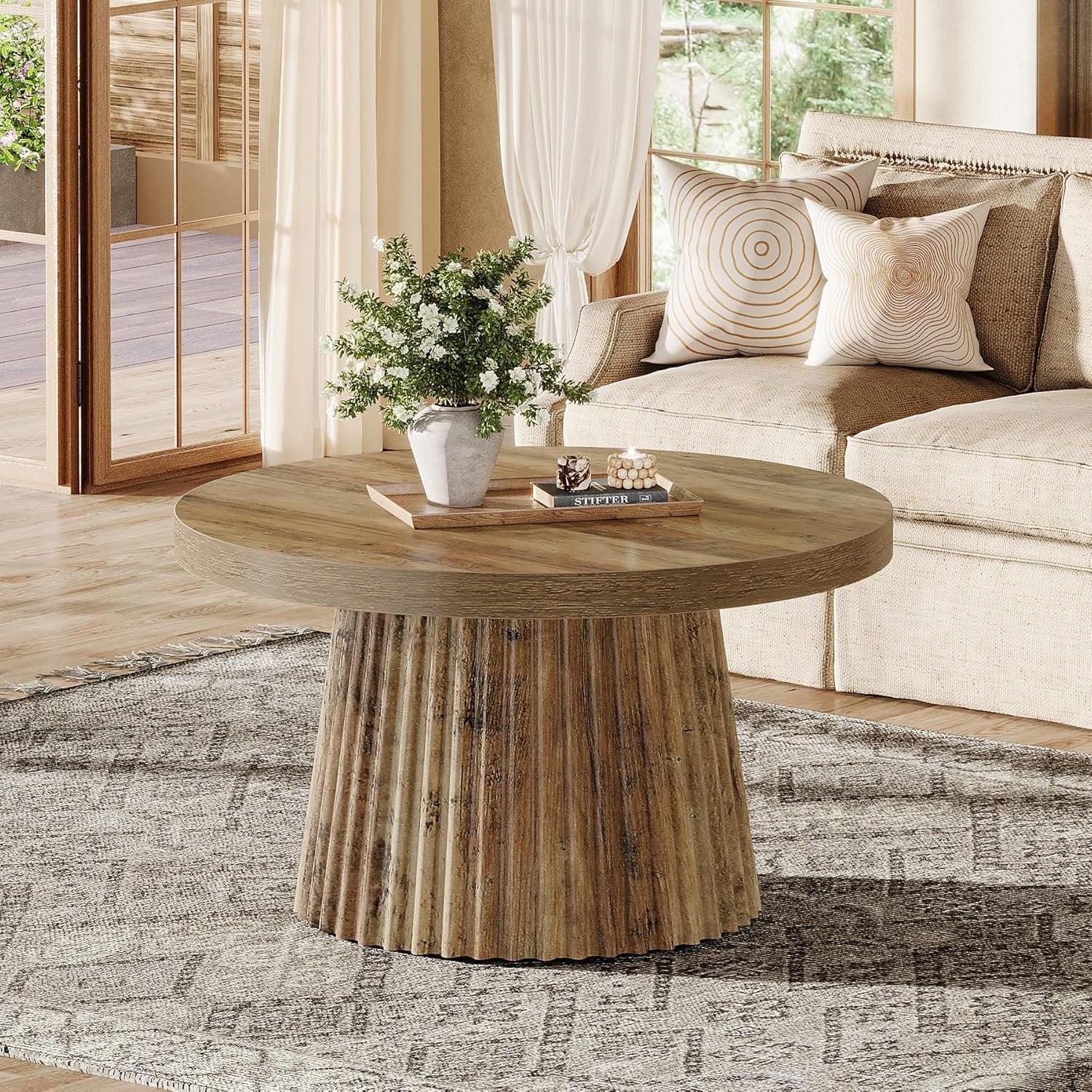 31.5" Round Fluted Coffee Table - Minimalist Wood Grain Center Piece for Small Spaces